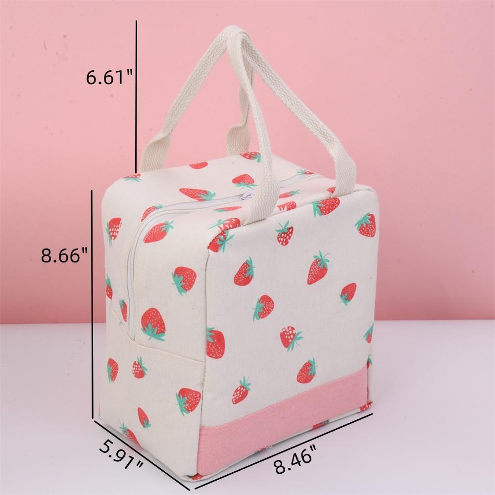 Orange Strawberry Apple Pear Cotton Linen Insulated Lunch Bag, Premium Quality Drawstring Bag, Back to School