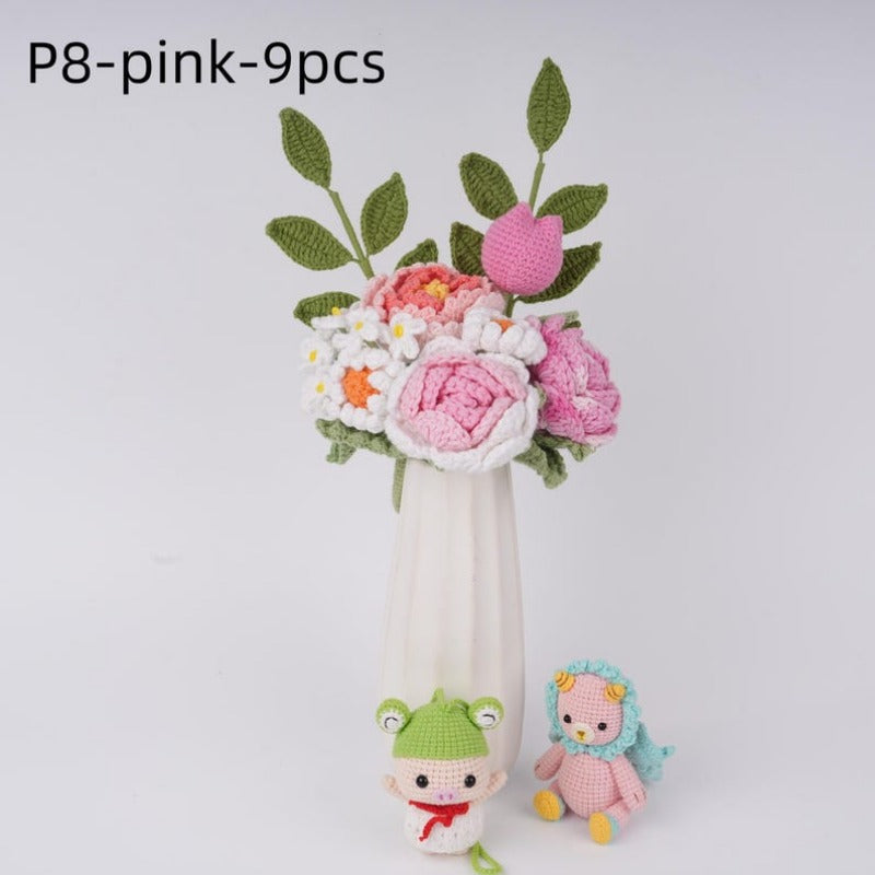 9PCS Crochet Flower Bouquet,Knit Daisy,Rose,Tulip,Forget me not