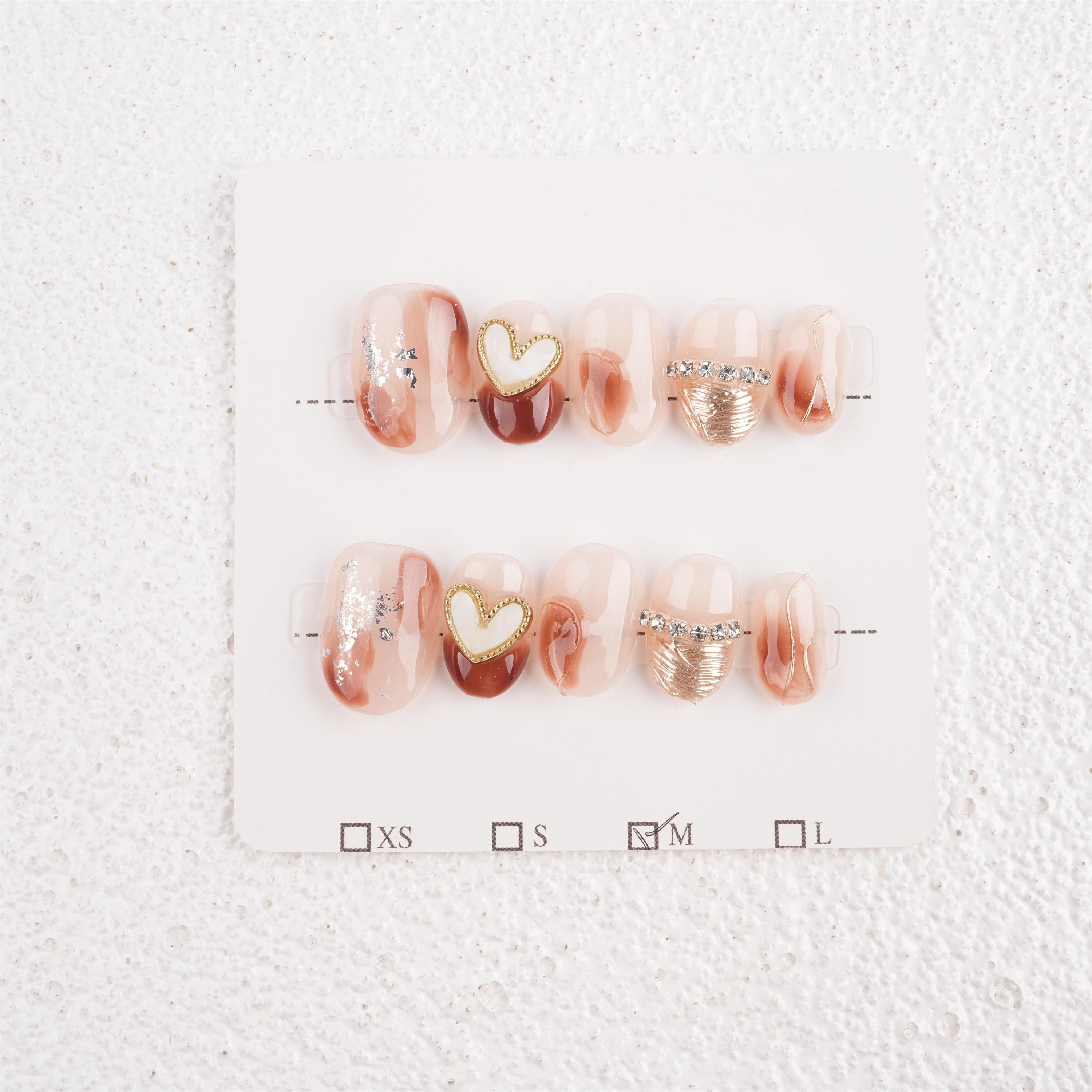Cute Blooming Amber Heart Charms Press On Nails,Short Square,Glossy Manicure,Bithday/Graduation/Mother's Day gift