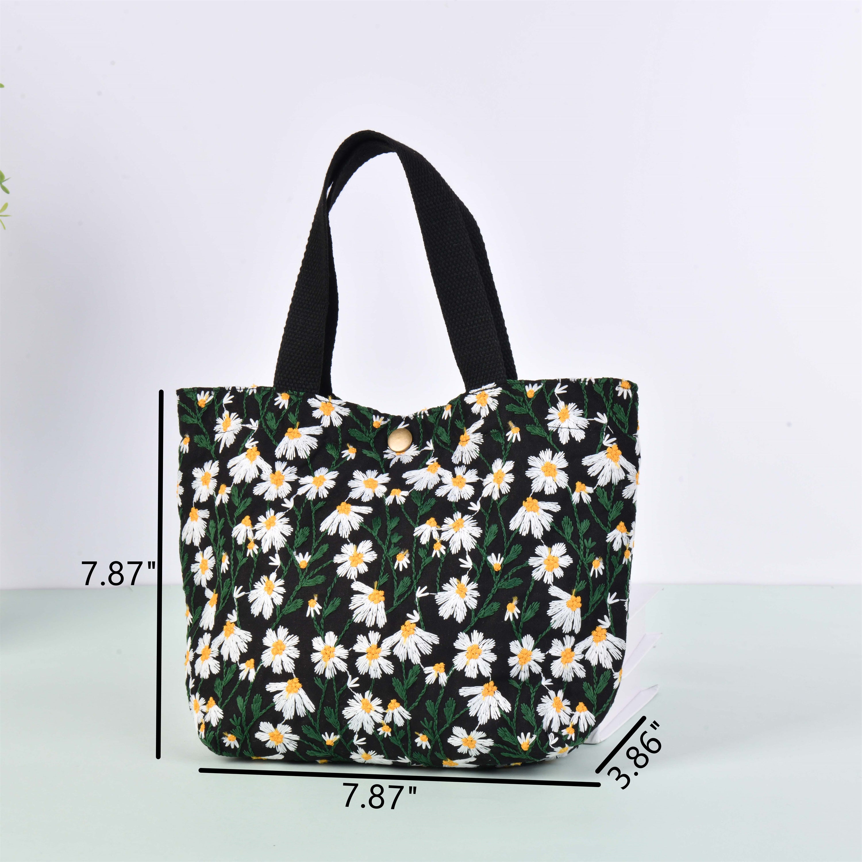 Embroidered White Daisy Cute Cotton Linen Tote Bag