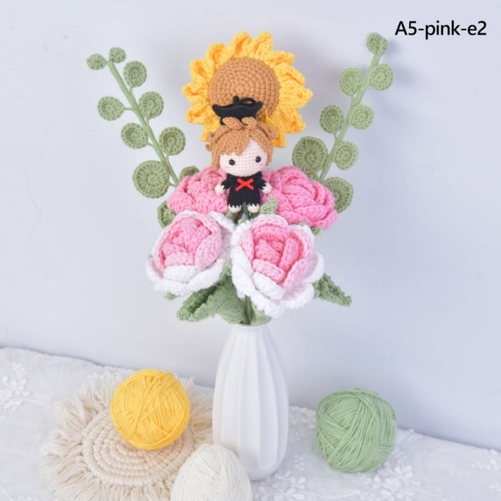 Crochet Sunflower Graduation Bouquet,Handmade Knit Roses Flower