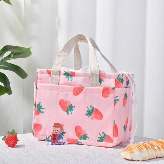 Handmade XL Pink Strawberry/Green Tableware Print Drawstring Lunch Bag w/Side Pockets