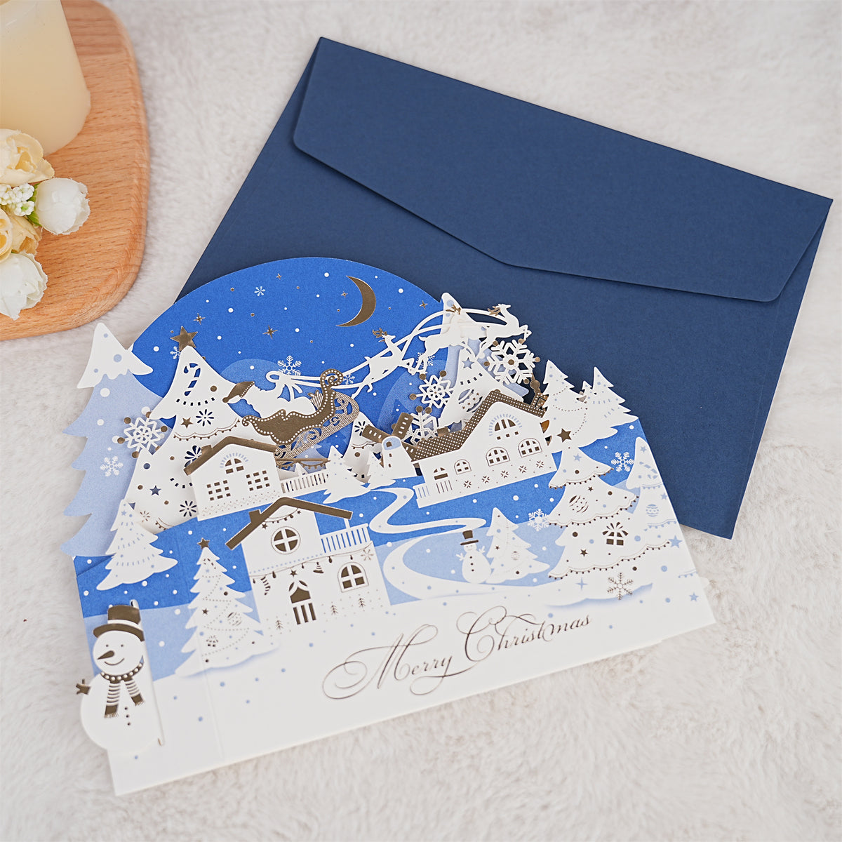 Blue White Snow Village Christmas Card