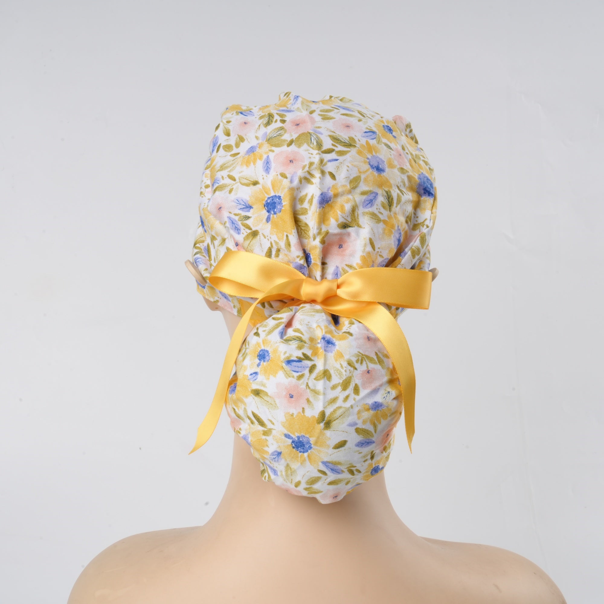 Yellow Blue Watercolor Flower Cotton Ponytail Scrub Cap
