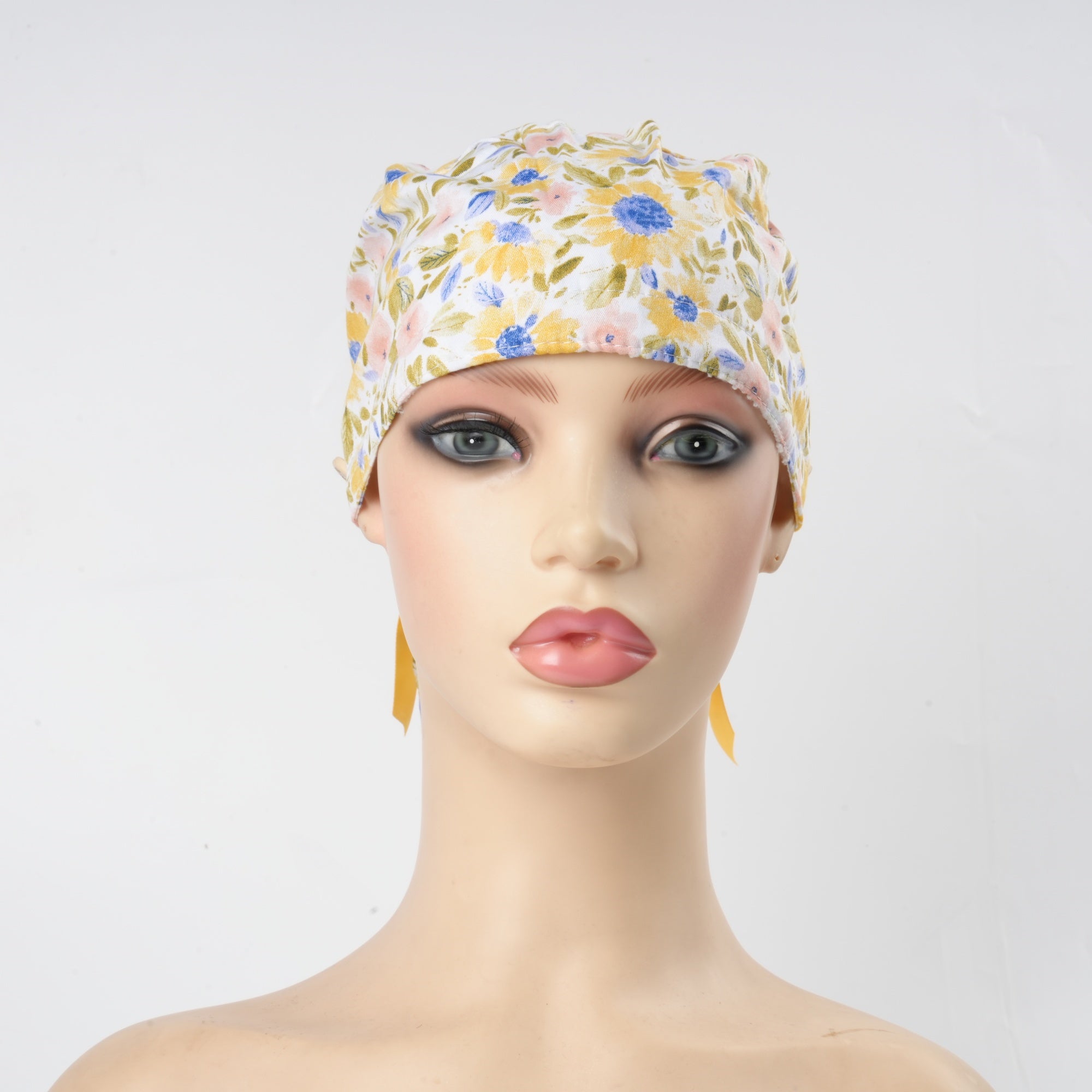 Yellow Blue Watercolor Flower Cotton Ponytail Scrub Cap