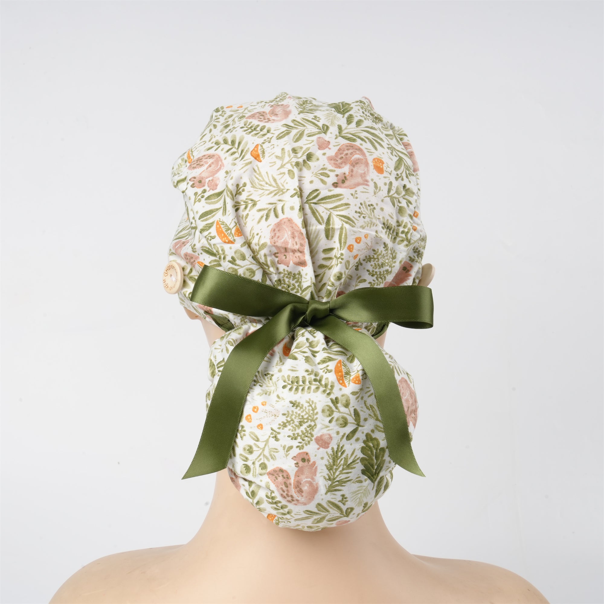 Squirrel & Greenery Cotton Ponytail Scrub Cap
