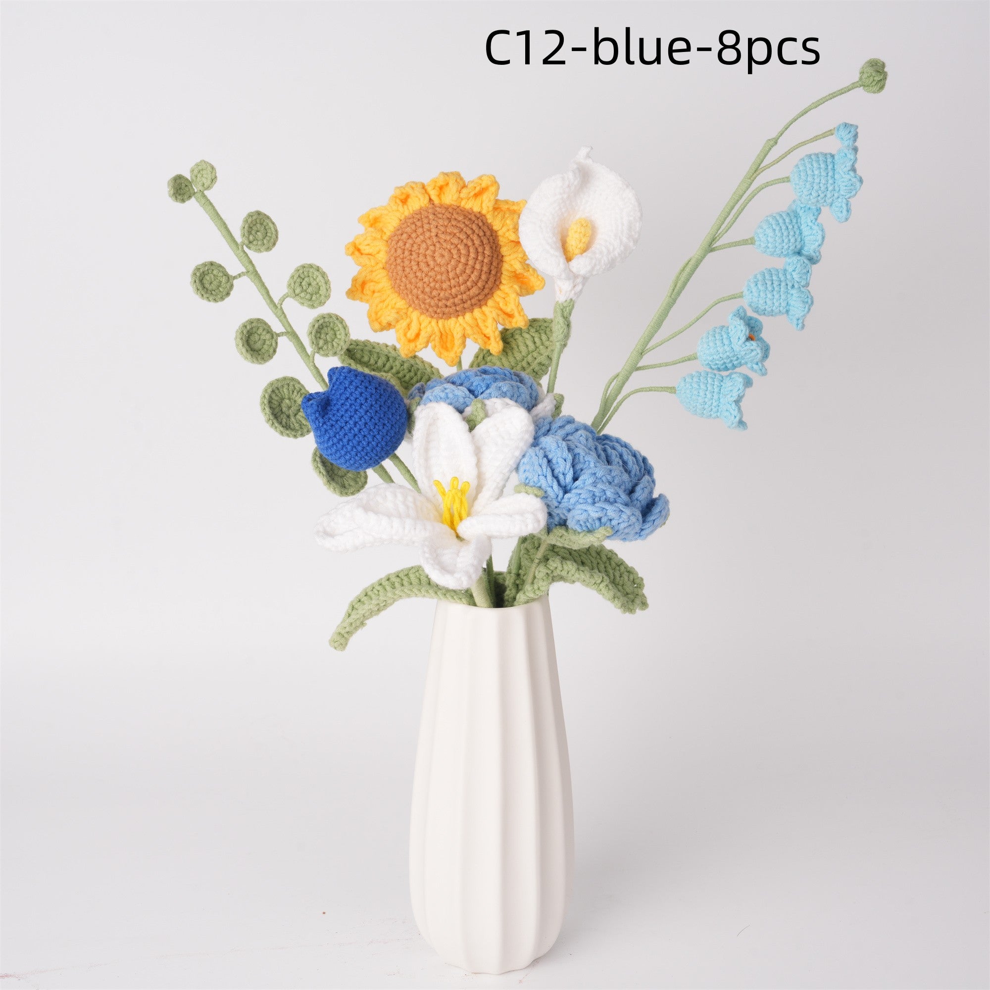 8PCS Handmade Crochet Sunfowers Bouquet,White lily of the valley,rose,tulips,calla lily