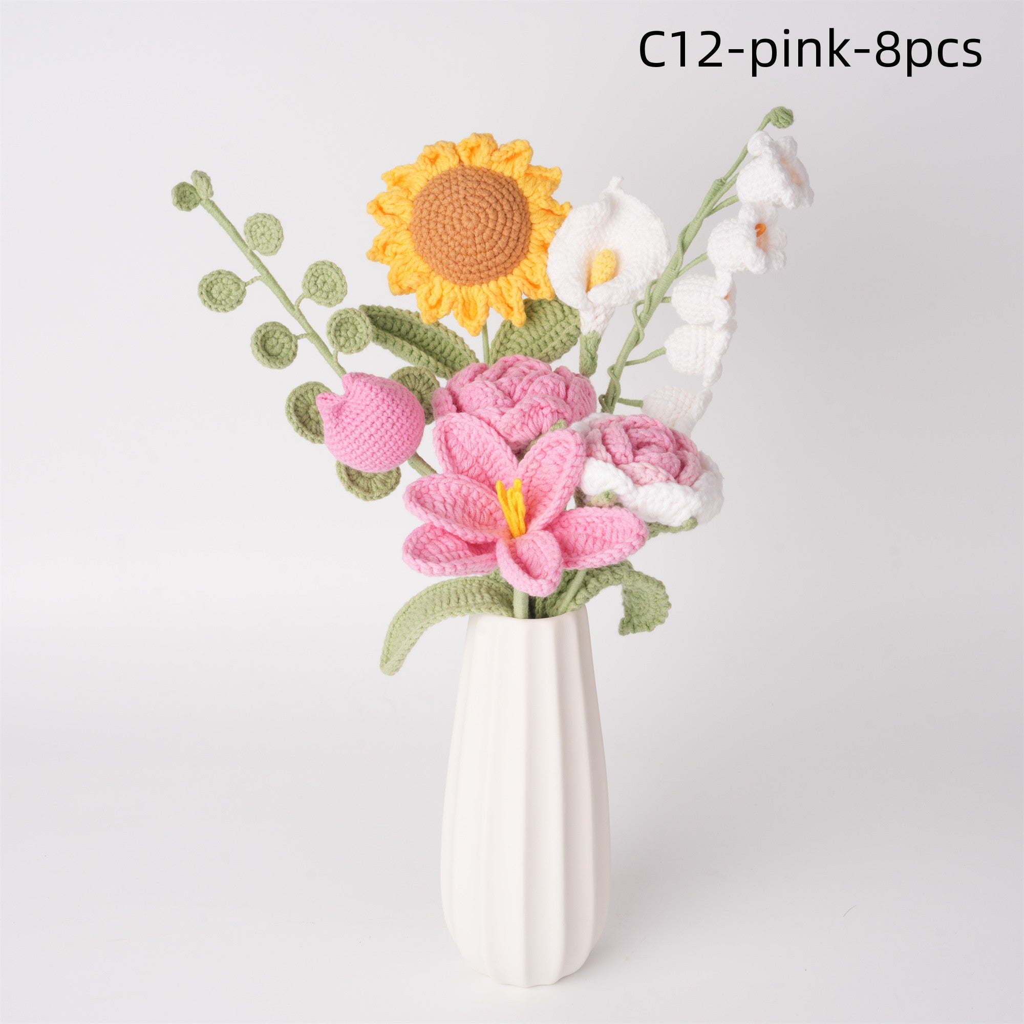 8PCS Handmade Crochet Sunfowers Bouquet,White lily of the valley,rose,tulips,calla lily