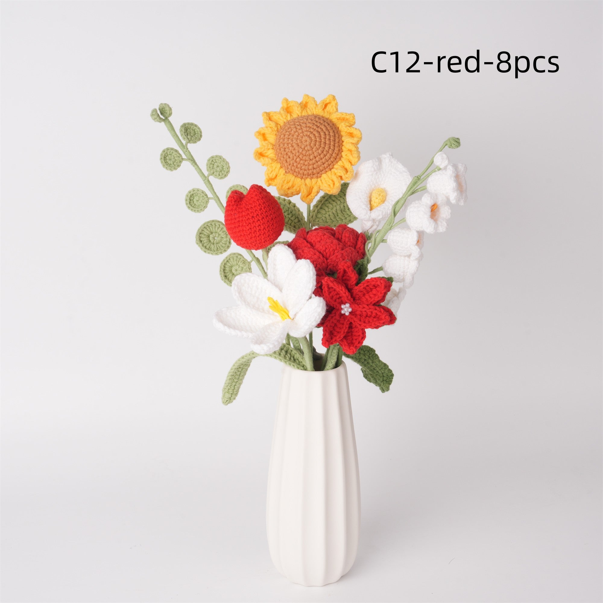 8PCS Handmade Crochet Sunfowers Bouquet,White lily of the valley,rose,tulips,calla lily