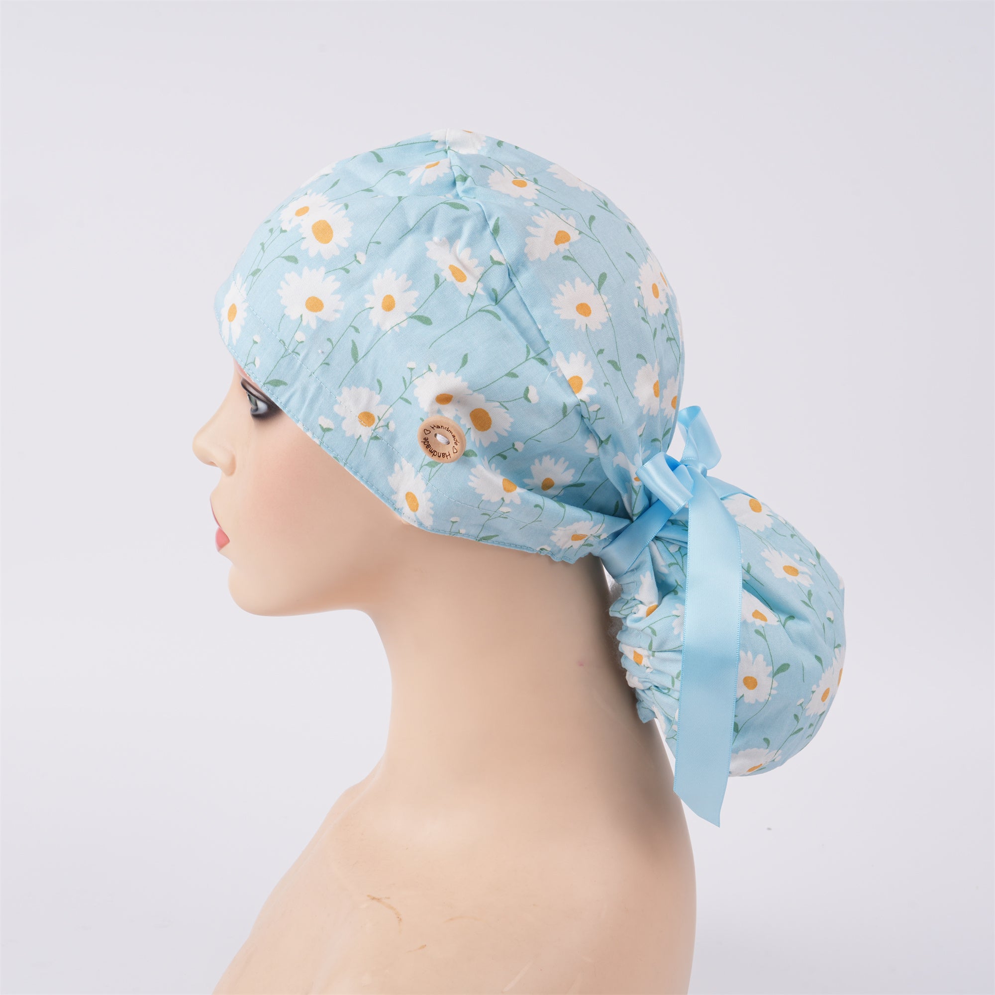 Baby Blue Daisy Ponytail Scrub Cap For Women