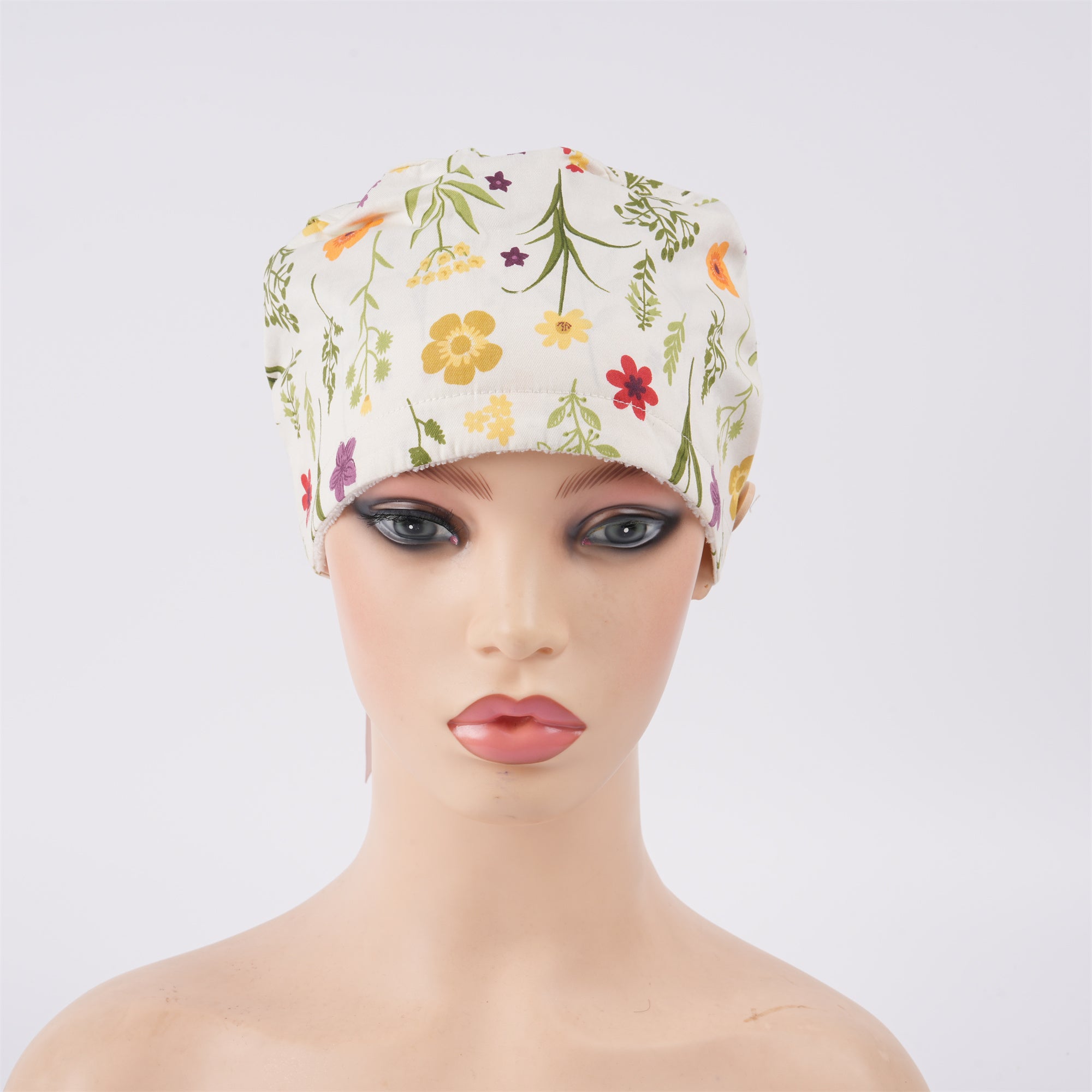 Women's Ponyatil Surgical Scrub Cap,Yellow Wildflowers on White Cotton
