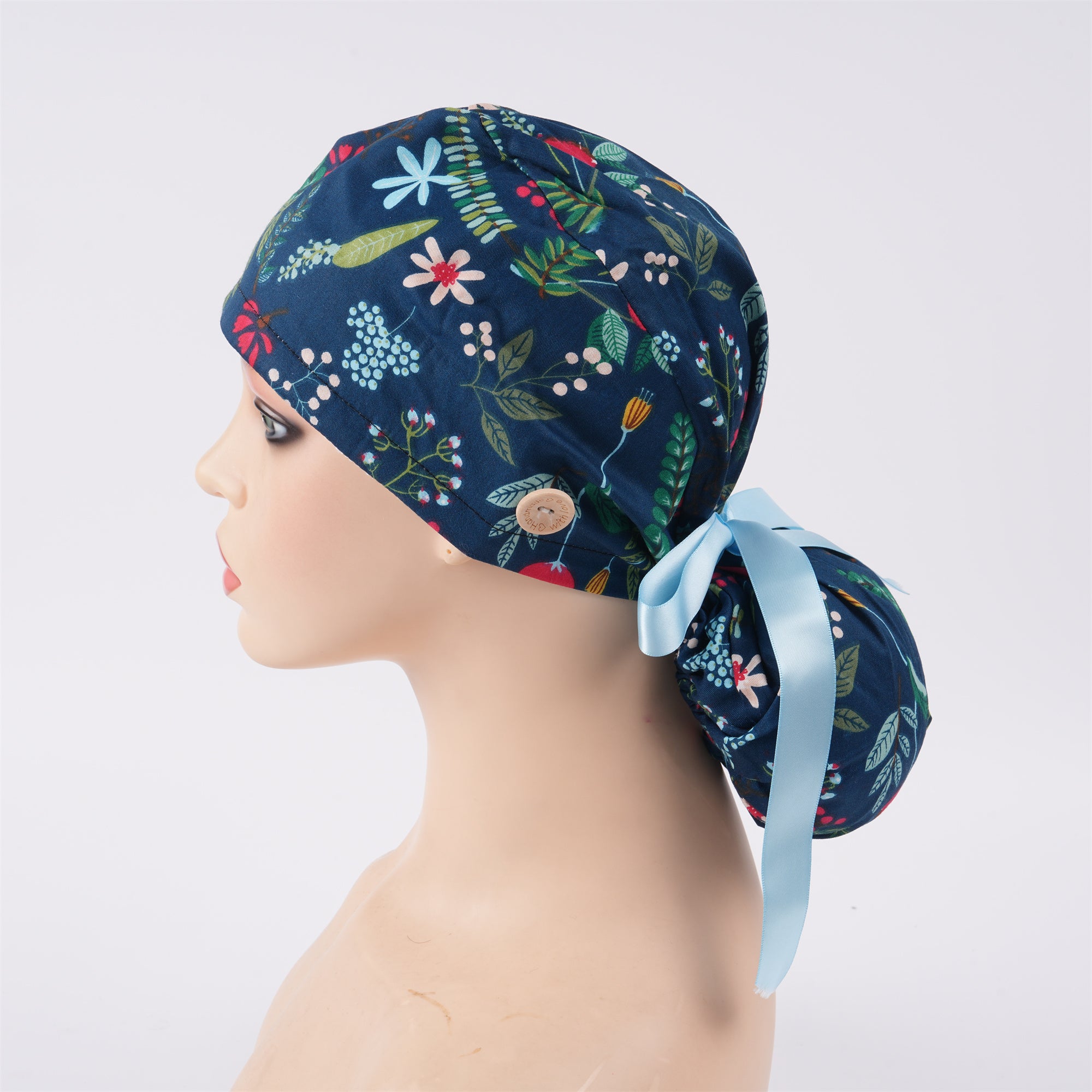 Navy Cotton Ponytail Scrub Cap, Red Flower & Green Plant Print,Blue Ribbon TIe