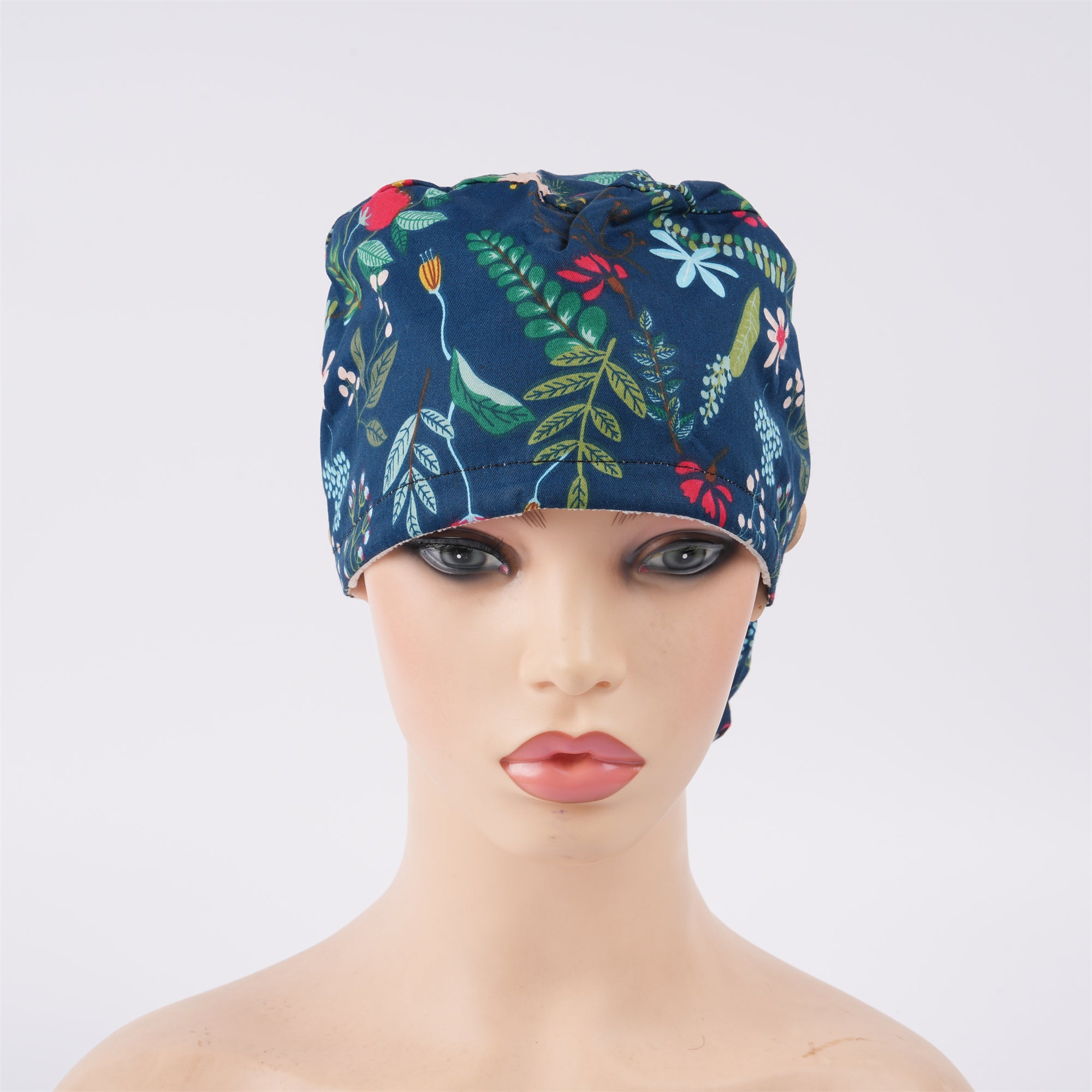 Navy Cotton Ponytail Scrub Cap, Red Flower & Green Plant Print,Blue Ribbon TIe