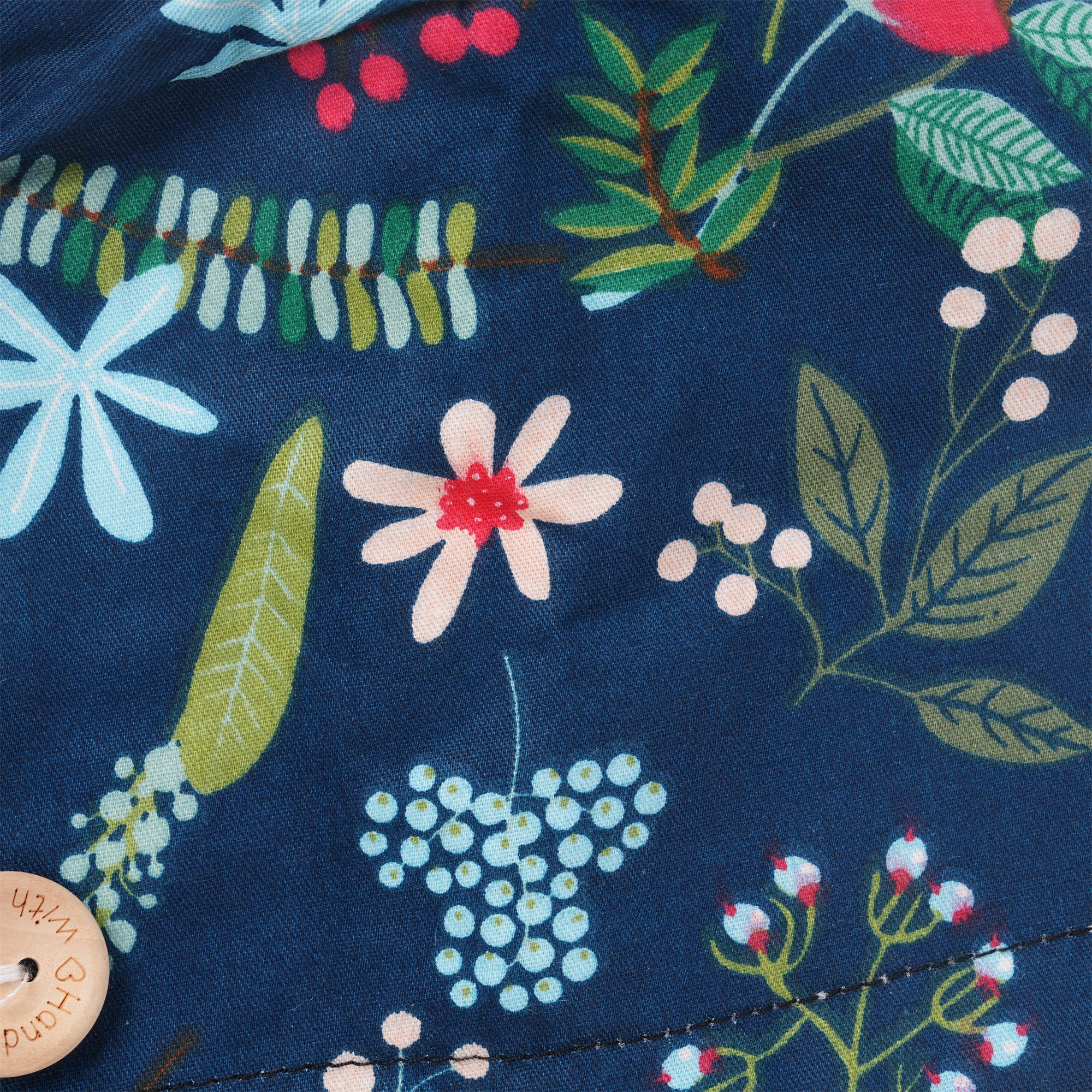 Navy Cotton Ponytail Scrub Cap, Red Flower & Green Plant Print,Blue Ribbon TIe