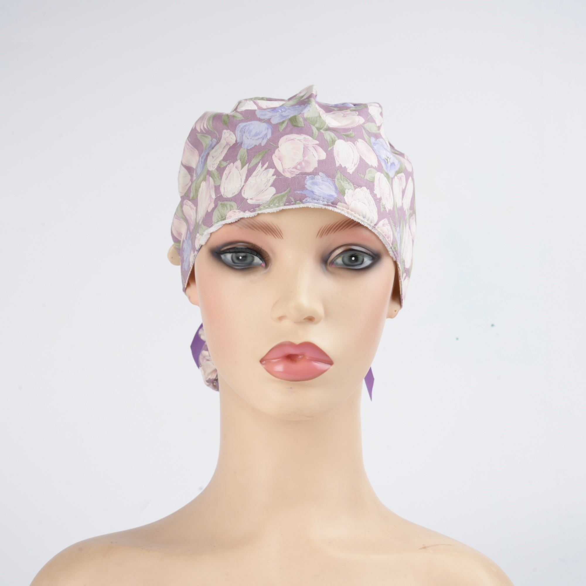 Purple Blossom Cotton Ponytail Scrub Cap