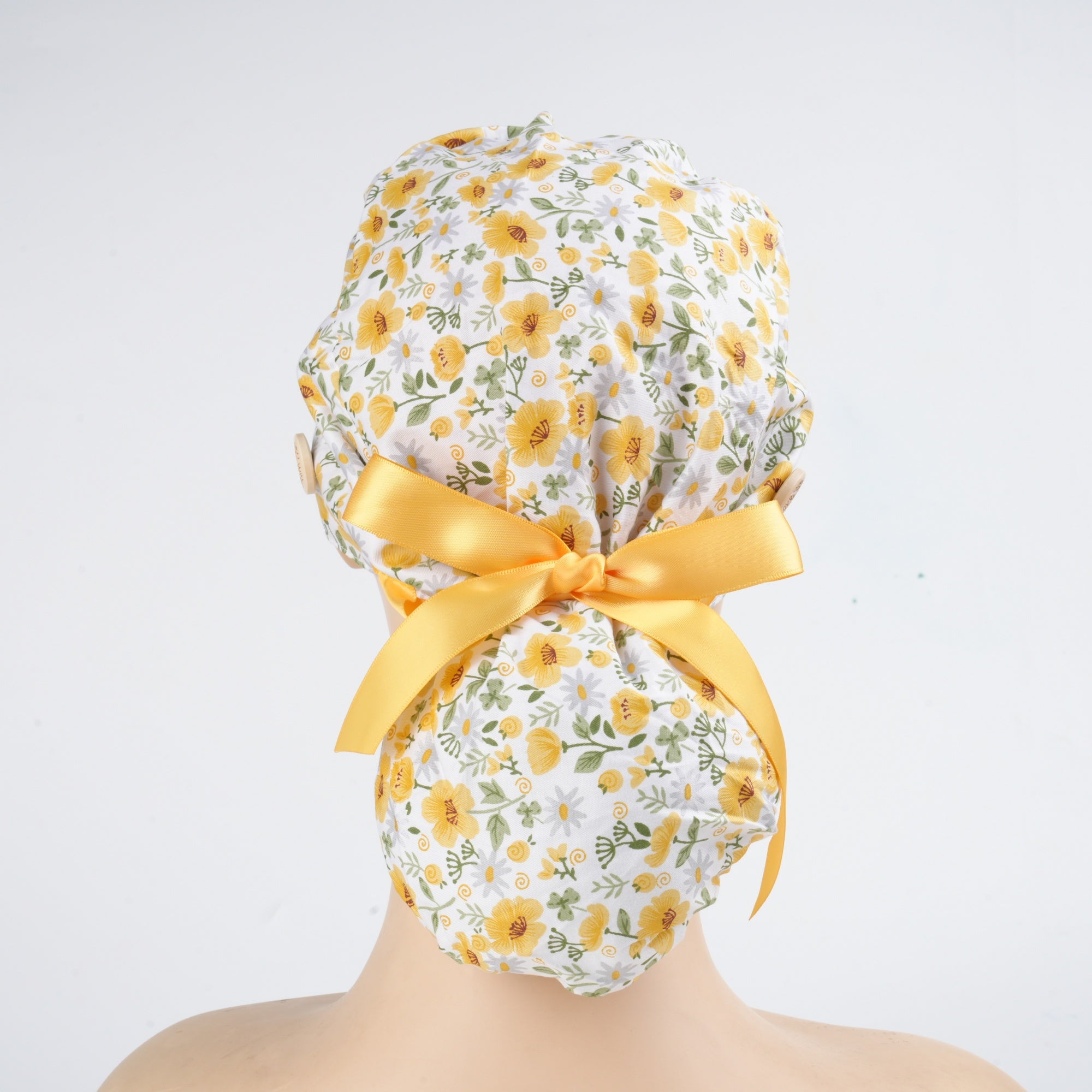 Yellowe Gray Daisies Cotton Ponytail Scrub Cap