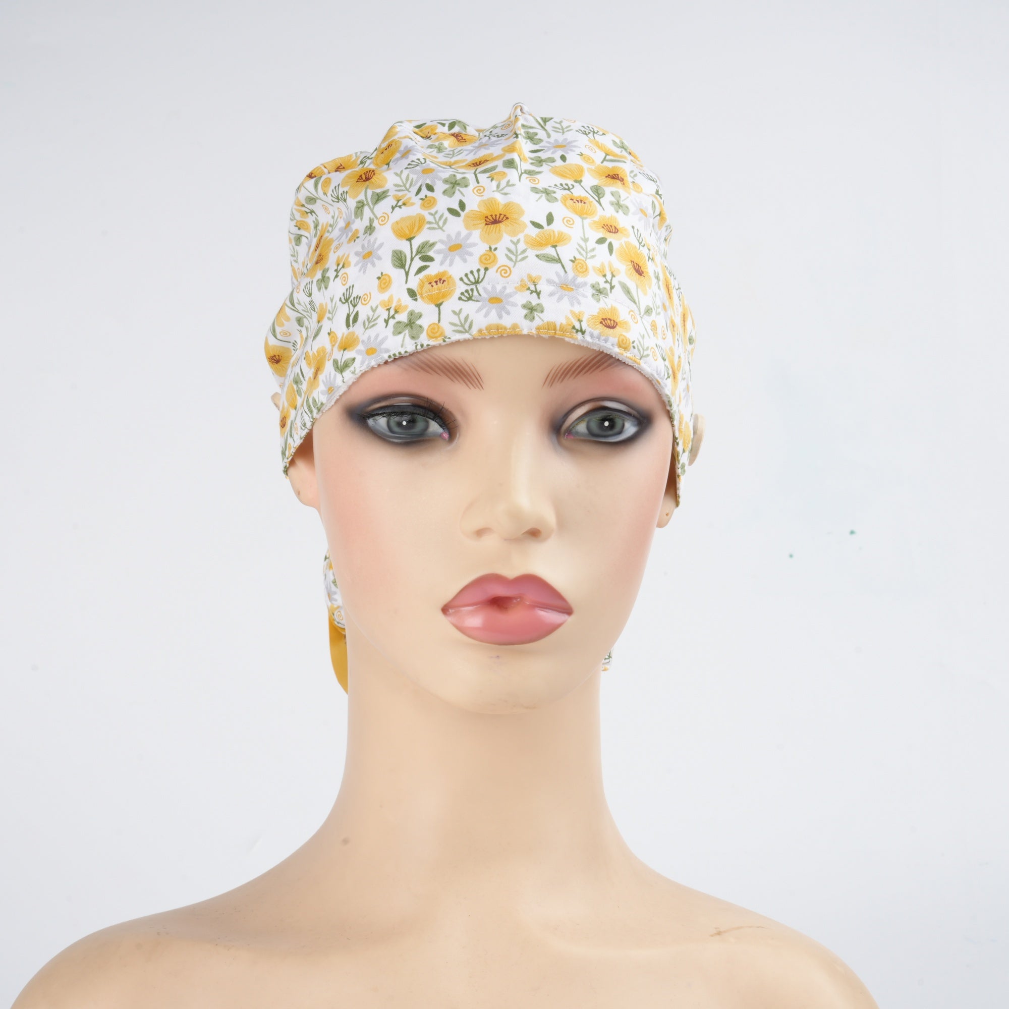Yellowe Gray Daisies Cotton Ponytail Scrub Cap