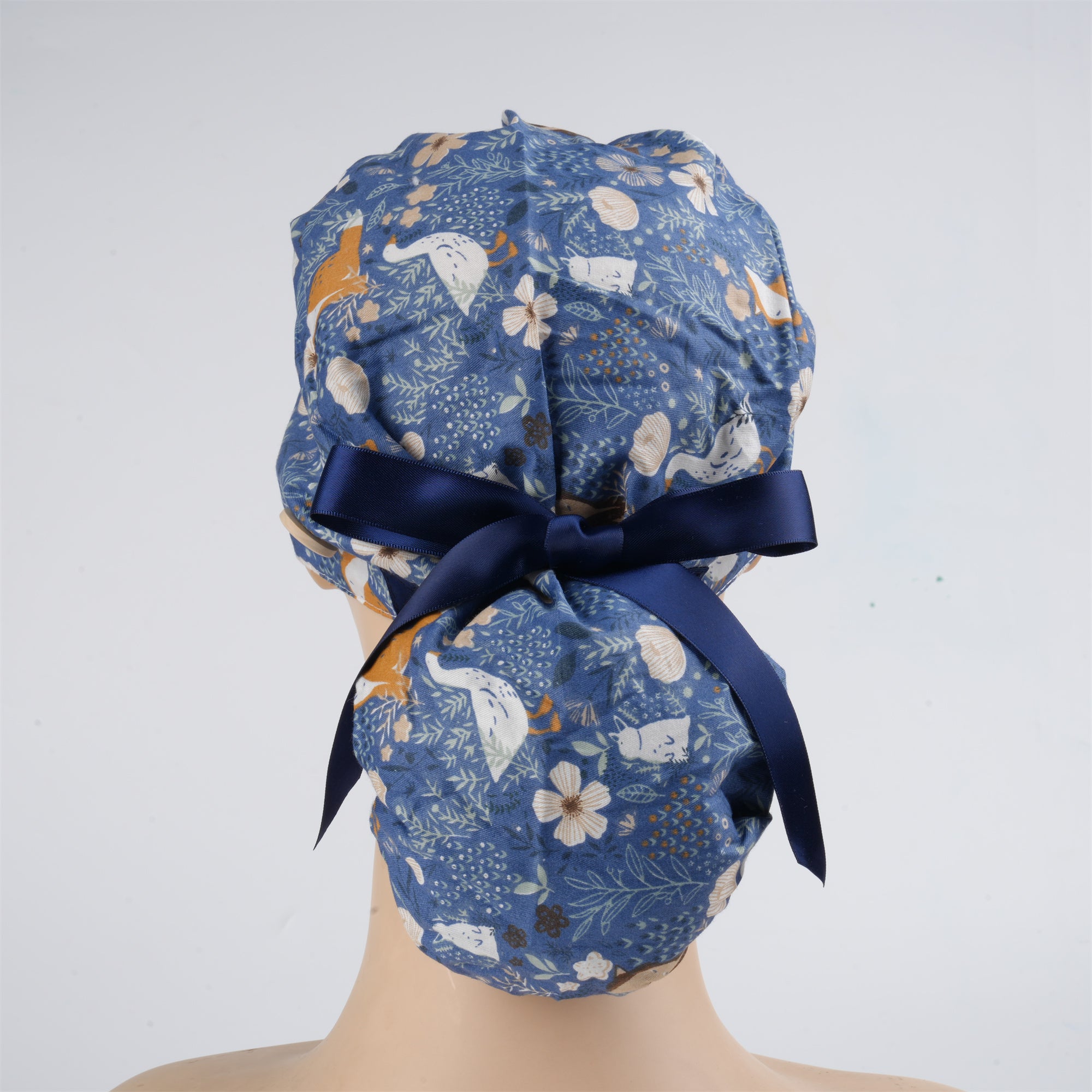 Navy Floral & Animal Pattern Cotton Ponytail Scrub Cap