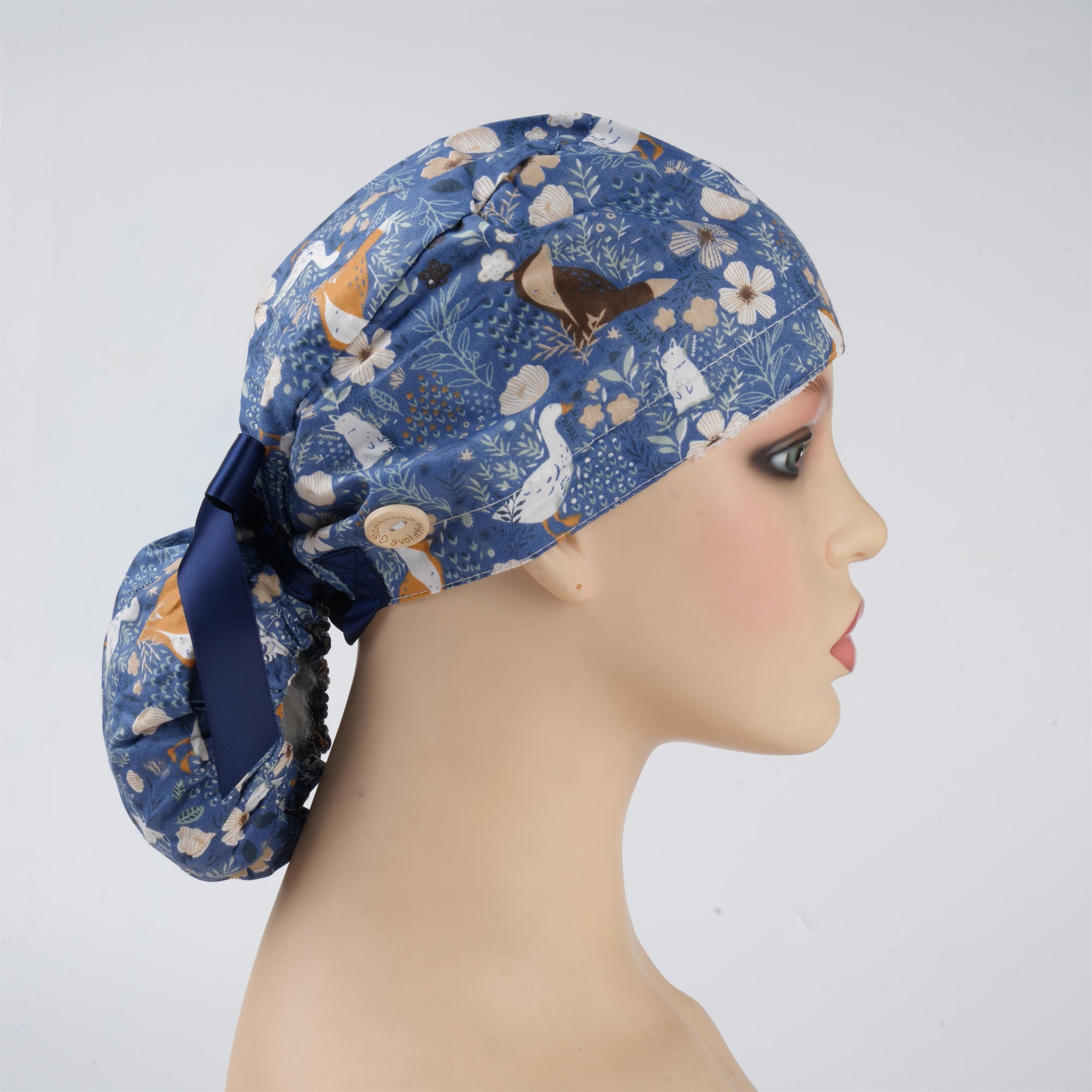 Navy Floral & Animal Pattern Cotton Ponytail Scrub Cap
