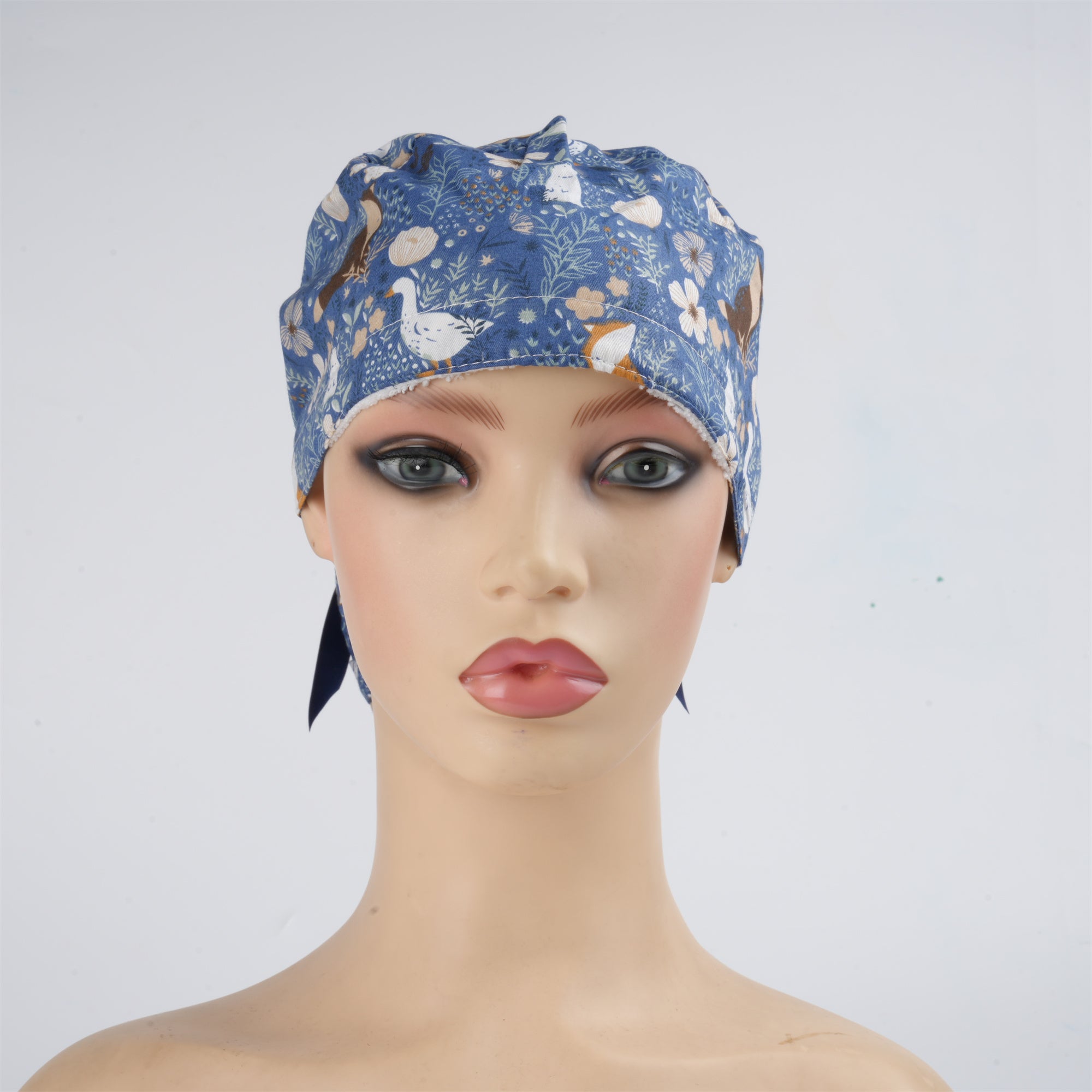 Navy Floral & Animal Pattern Cotton Ponytail Scrub Cap