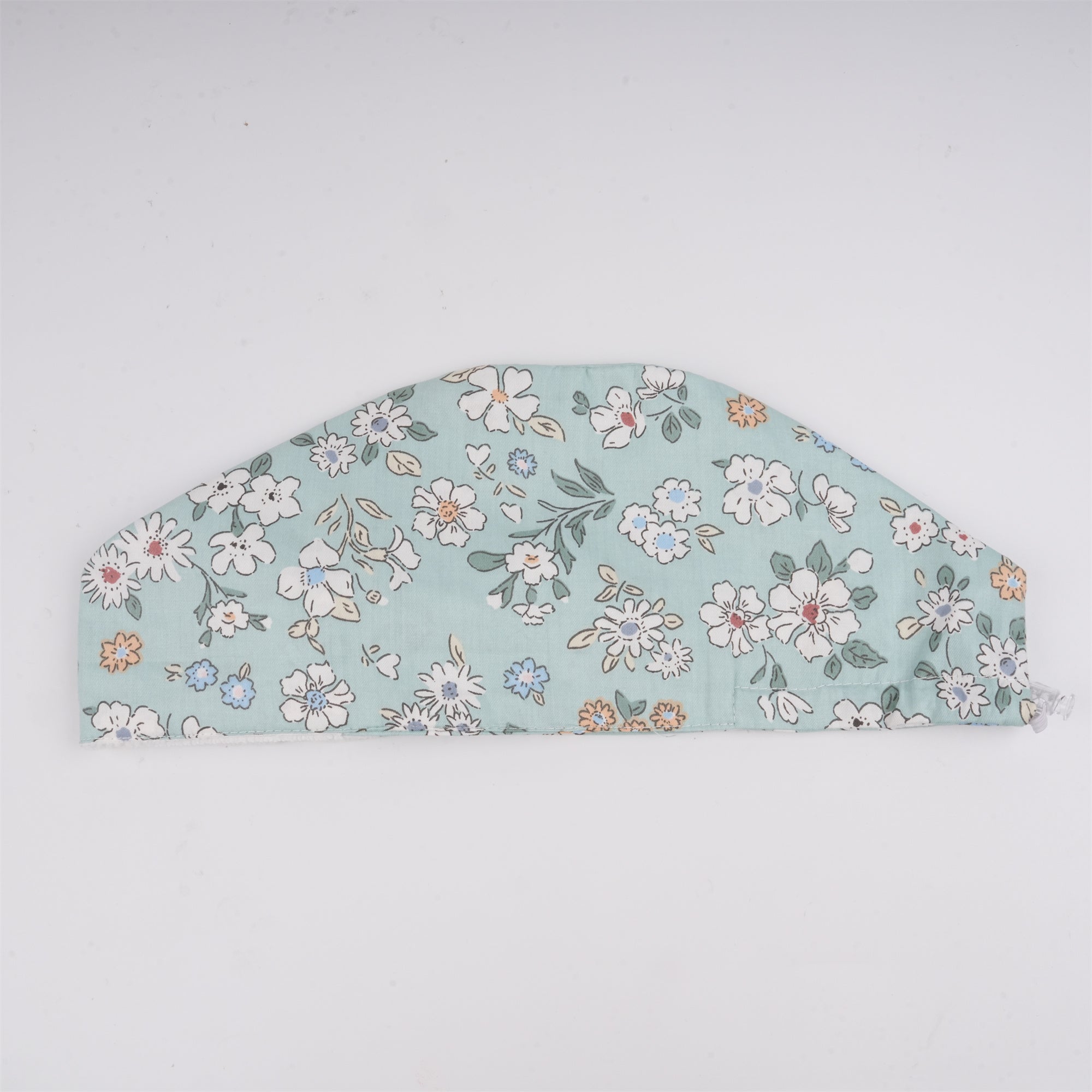 White Flowers in Mint Green Cotton Euro Style Surgical Scrub Cap