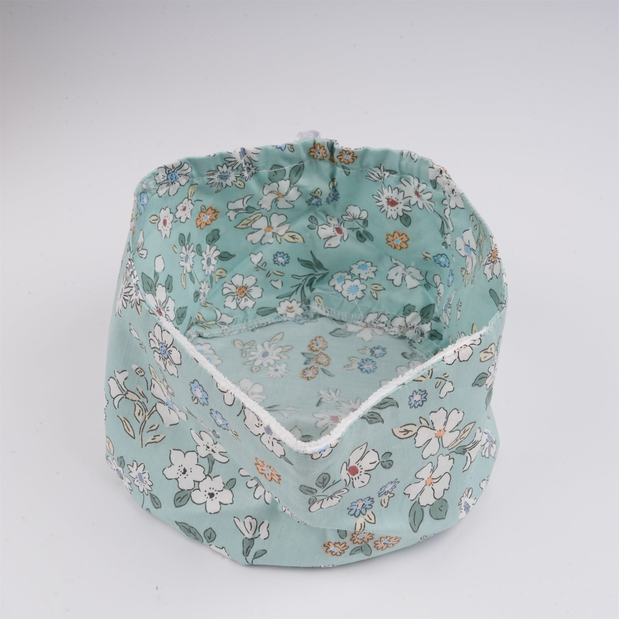 White Flowers in Mint Green Cotton Euro Style Surgical Scrub Cap