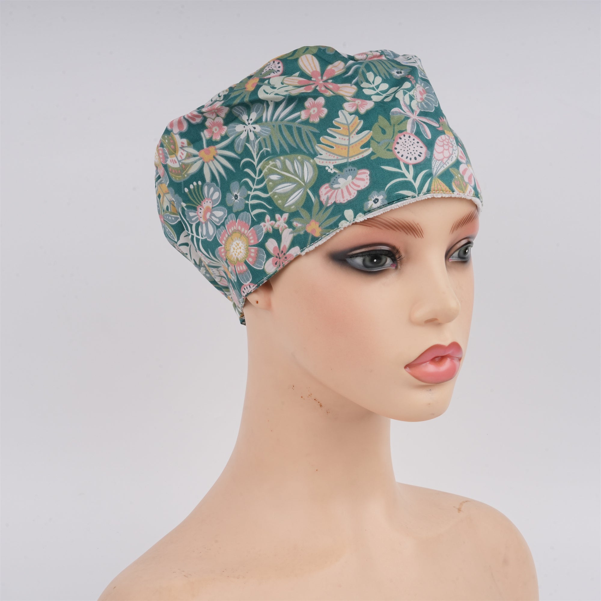 Green Leaves Euro Style Surgical Scrub Cap,Handmade Cotton OR Cap