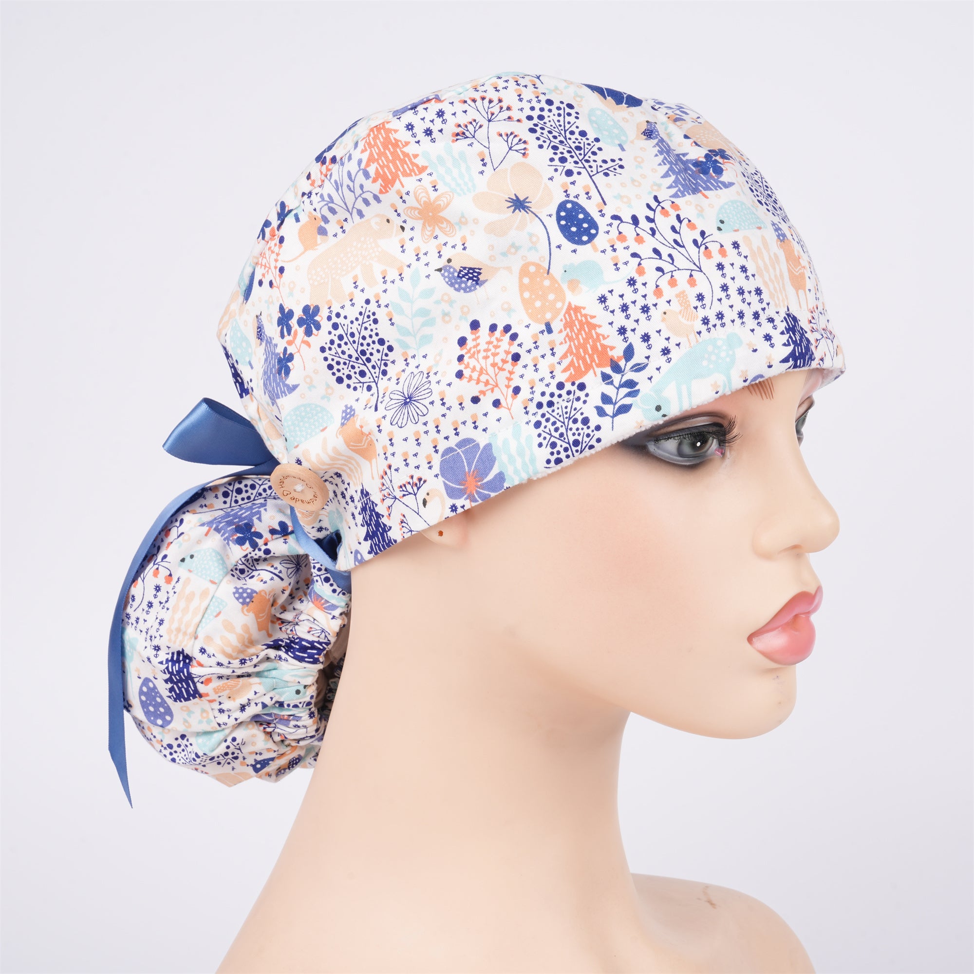 Blue Forest Cotton Ponytail Scrub Cap