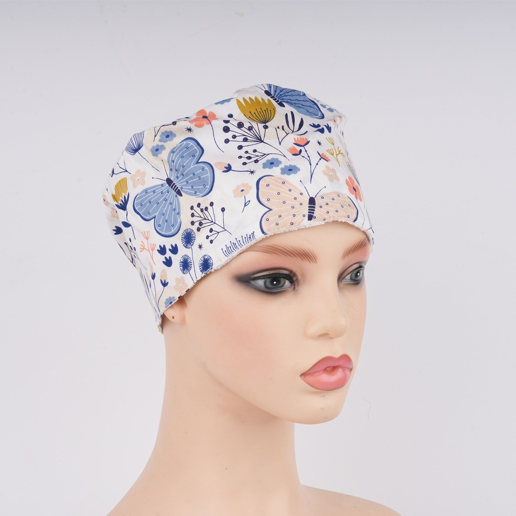 Euro Style Surgical Scrub Cap: Blue Butterfly & Yellow Floral in Soft Cotton