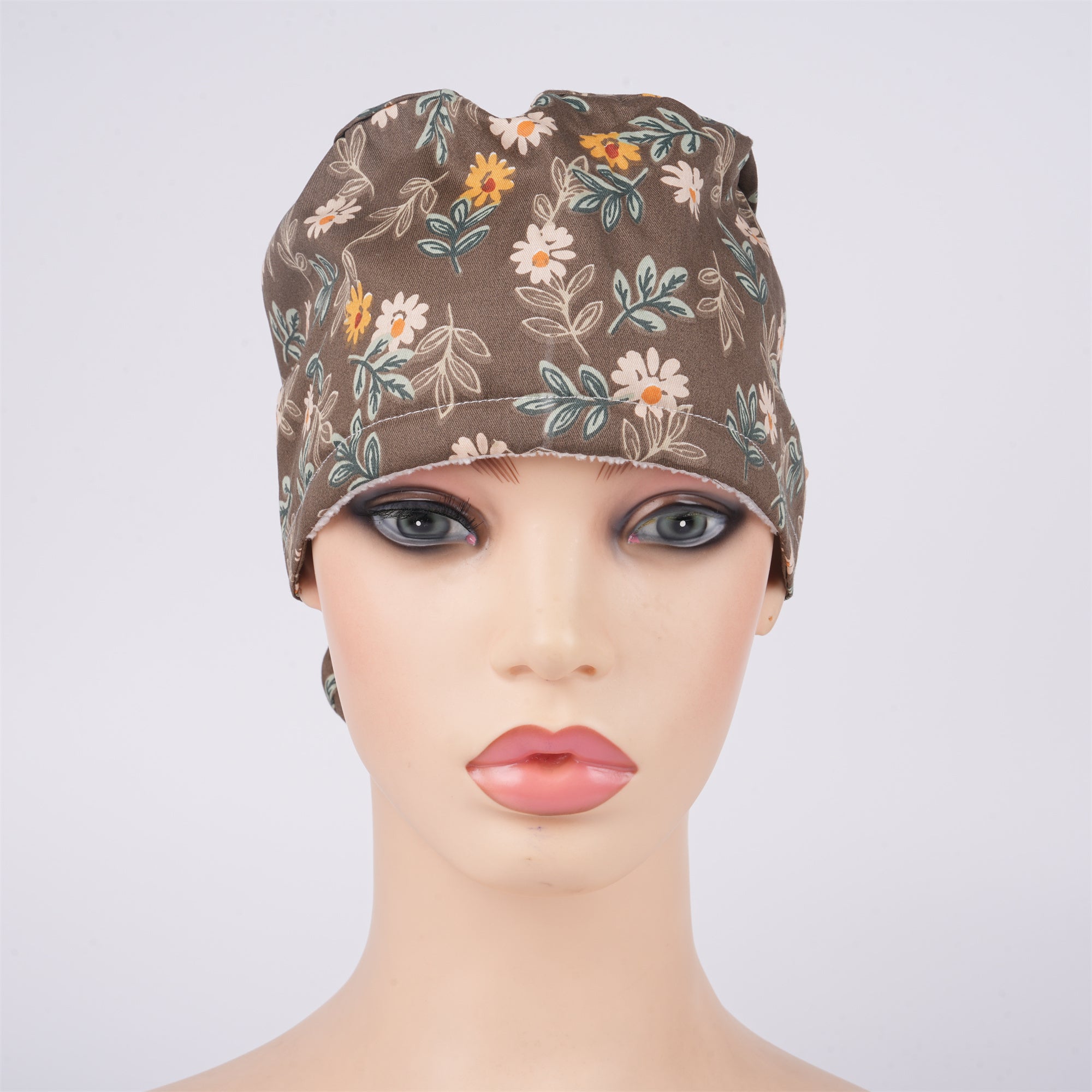 Brown Daisy Cotton Ponytail Scrub Cap