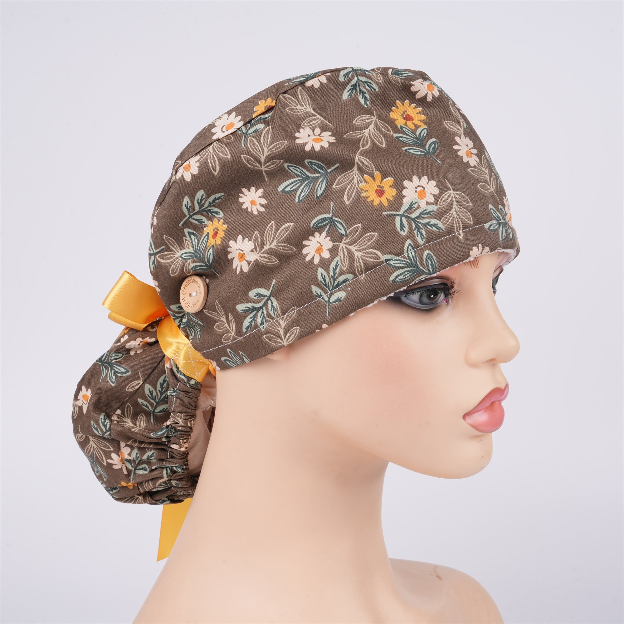 Brown Daisy Cotton Ponytail Scrub Cap