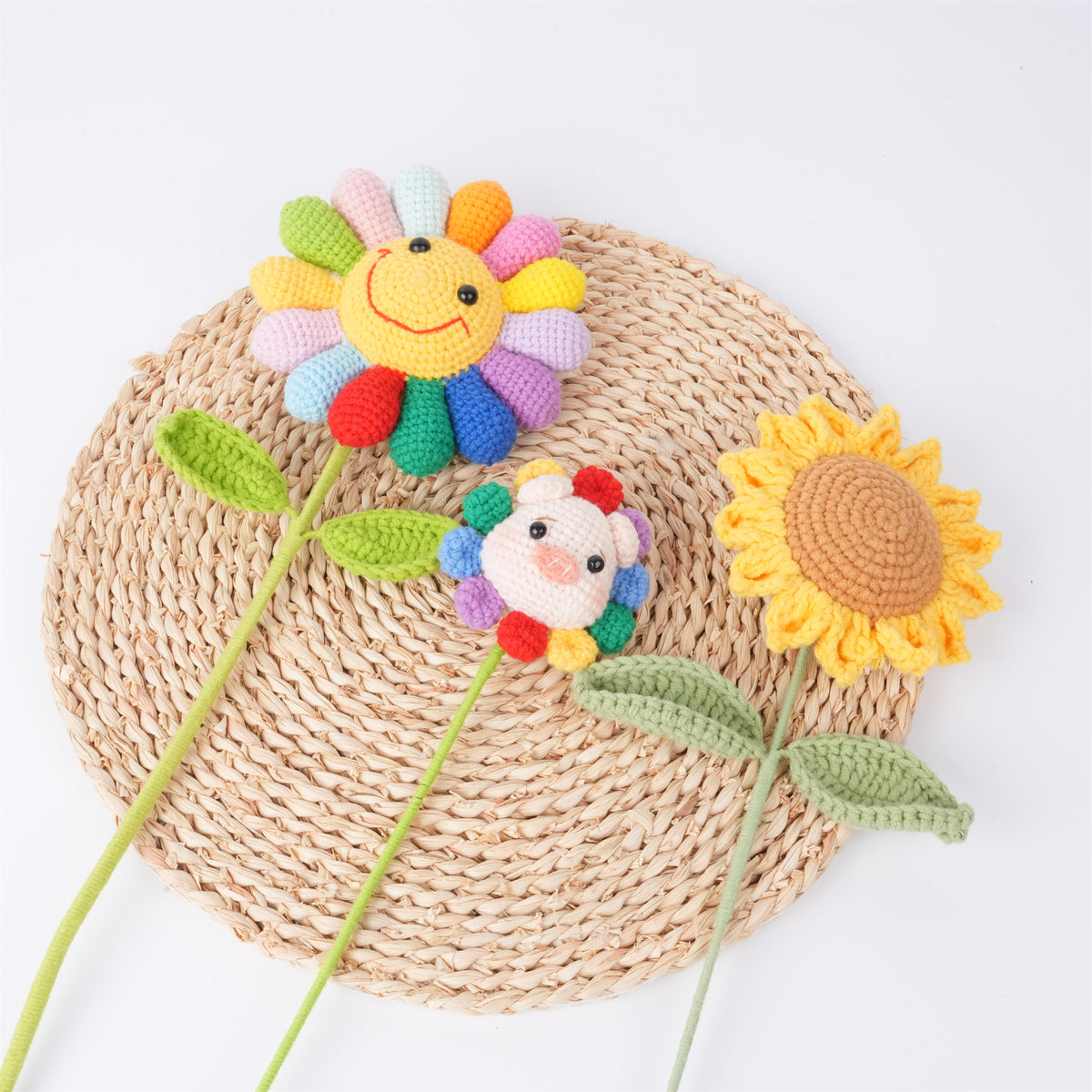 Handmade Crochet Small Sunflower,Cute Rainbow Pig/Smileflower Stem
