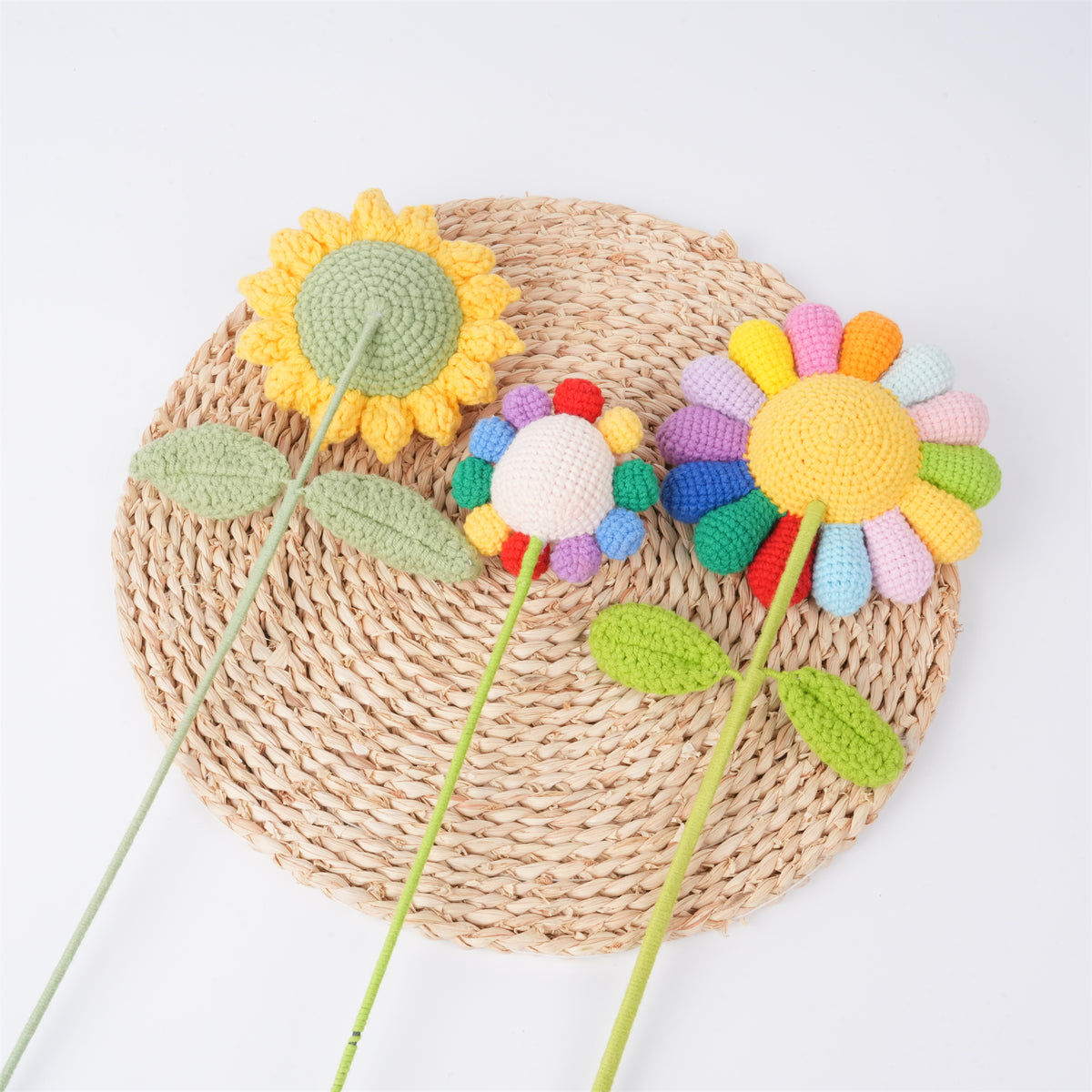 Handmade Crochet Small Sunflower,Cute Rainbow Pig/Smileflower Stem