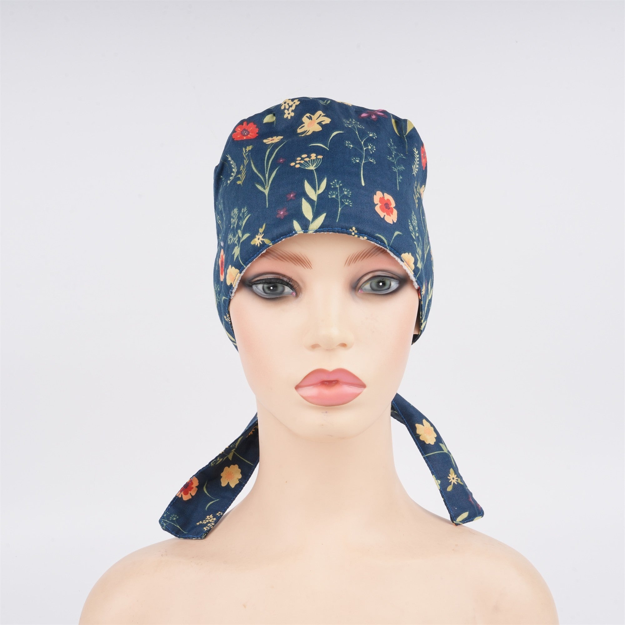 Handmade Surgical Cap: Tieback Style,Yellow Flowers on Navy Cotton