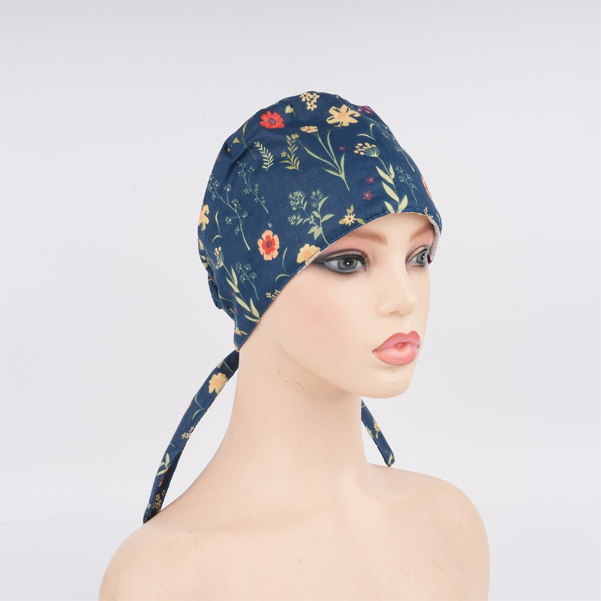 Handmade Surgical Cap: Tieback Style,Yellow Flowers on Navy Cotton