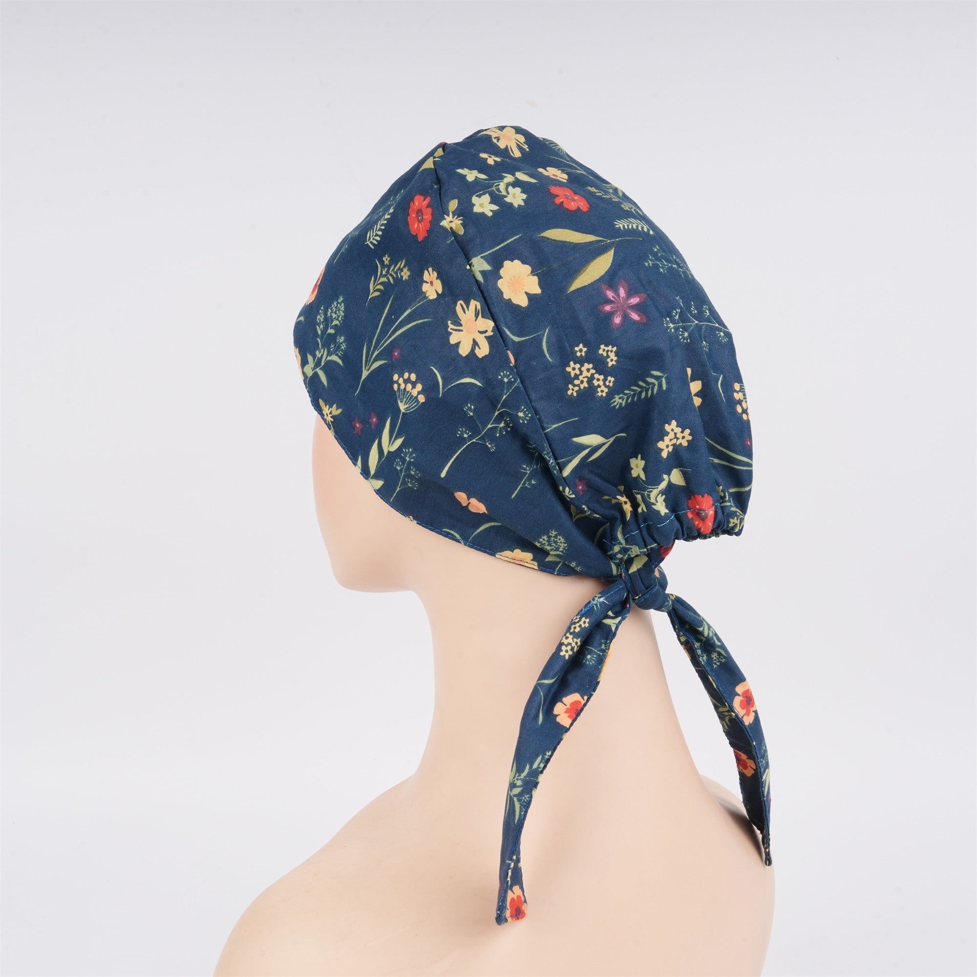 Handmade Surgical Cap: Tieback Style,Yellow Flowers on Navy Cotton