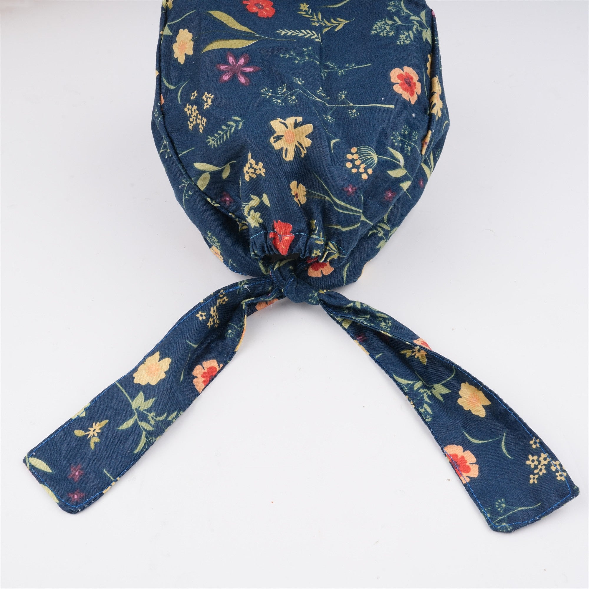 Handmade Surgical Cap: Tieback Style,Yellow Flowers on Navy Cotton