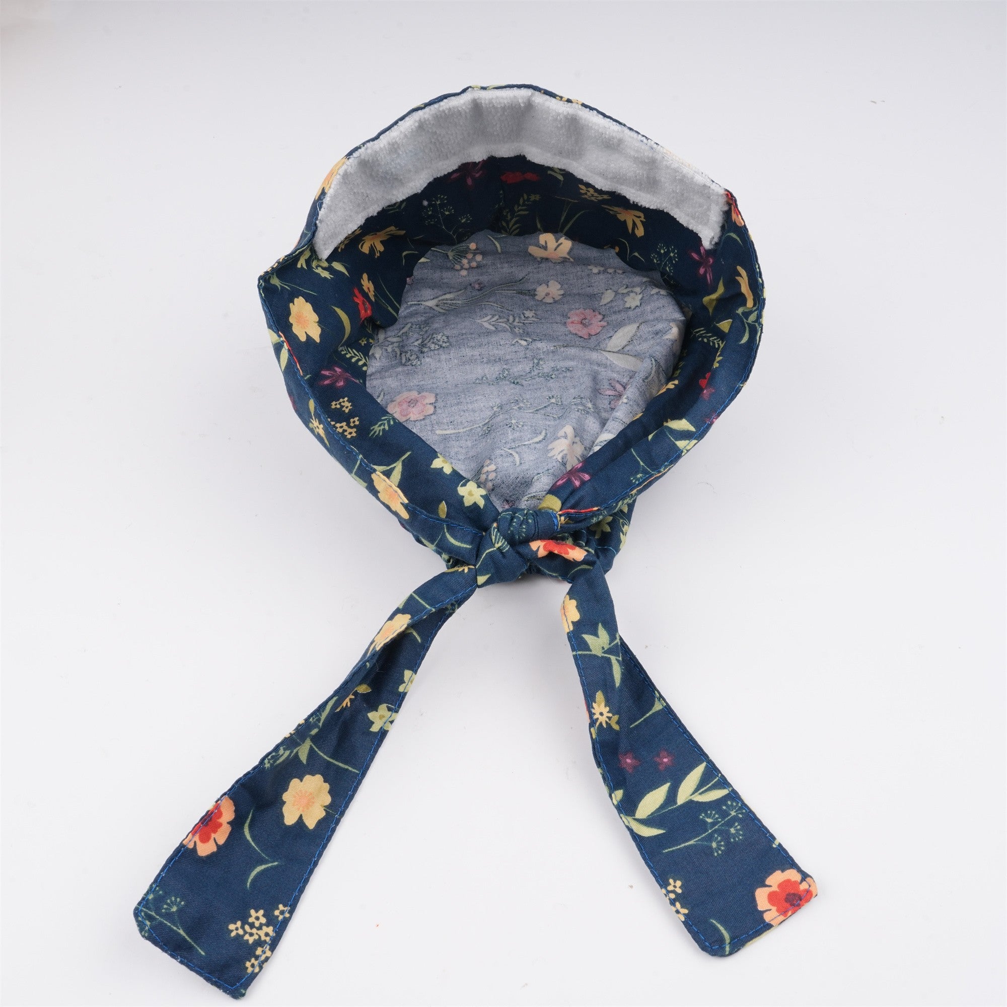 Handmade Surgical Cap: Tieback Style,Yellow Flowers on Navy Cotton