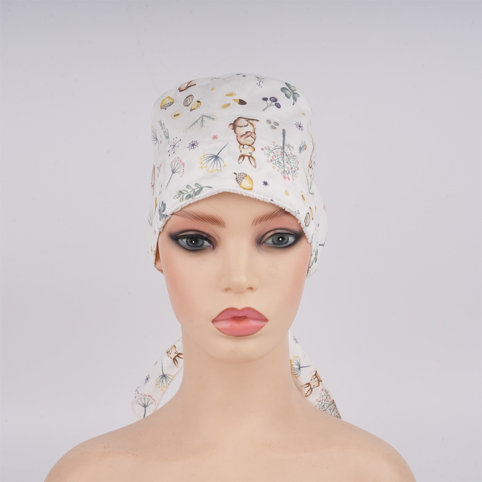 Bunny Flowers Print Tieback Surgical Scrub Cap, Handmade Cotton OR Hat