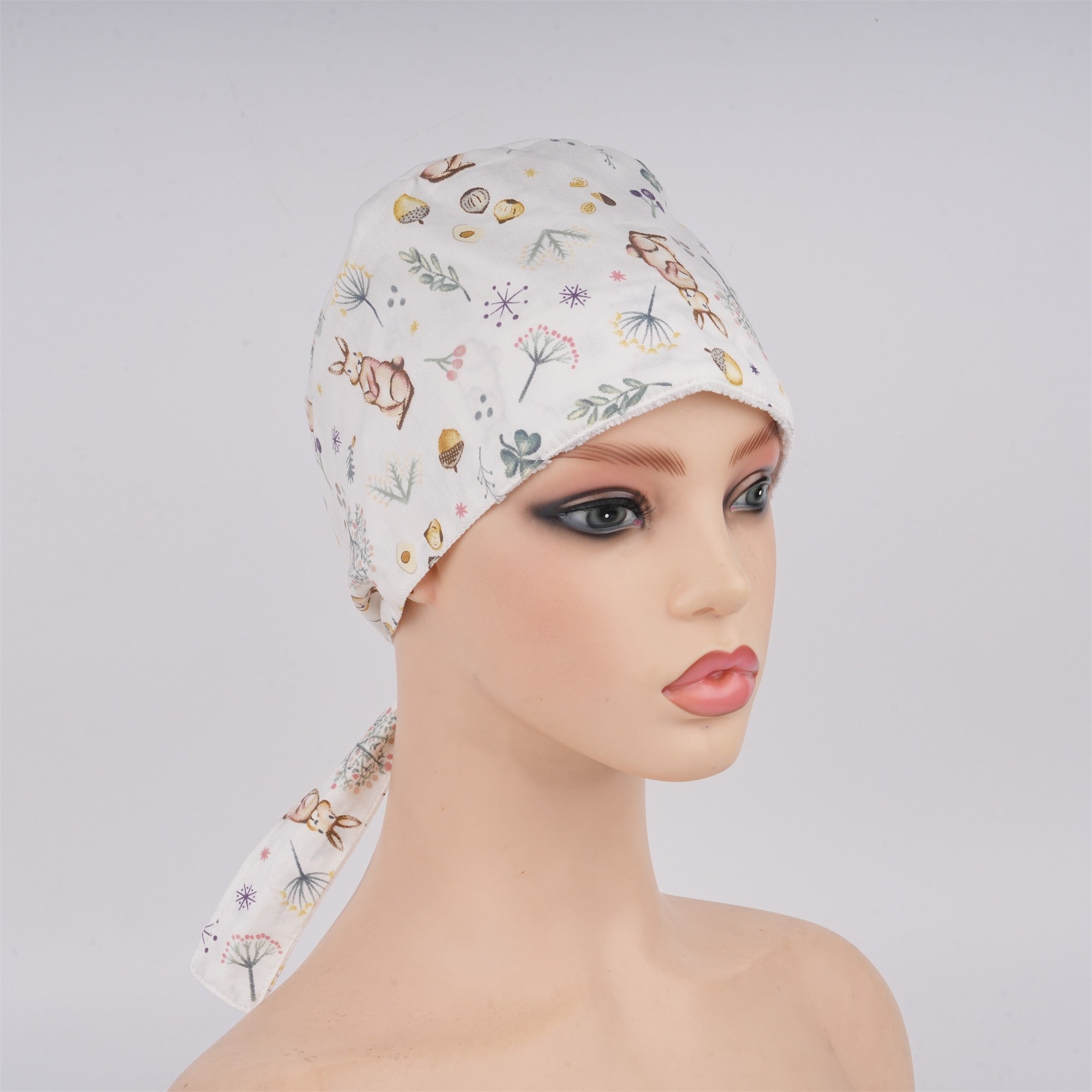 Bunny Flowers Print Tieback Surgical Scrub Cap, Handmade Cotton OR Hat