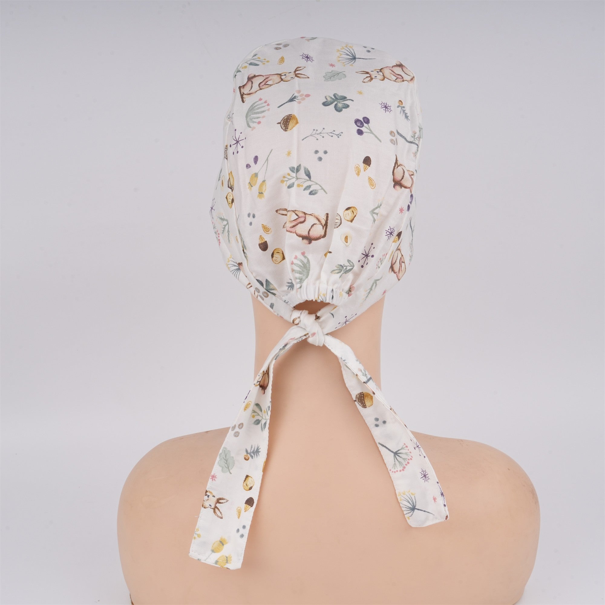 Bunny Flowers Print Tieback Surgical Scrub Cap, Handmade Cotton OR Hat