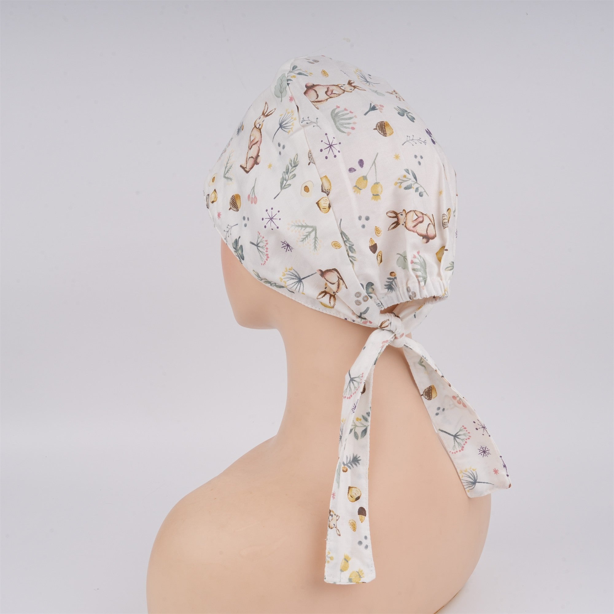 Bunny Flowers Print Tieback Surgical Scrub Cap, Handmade Cotton OR Hat