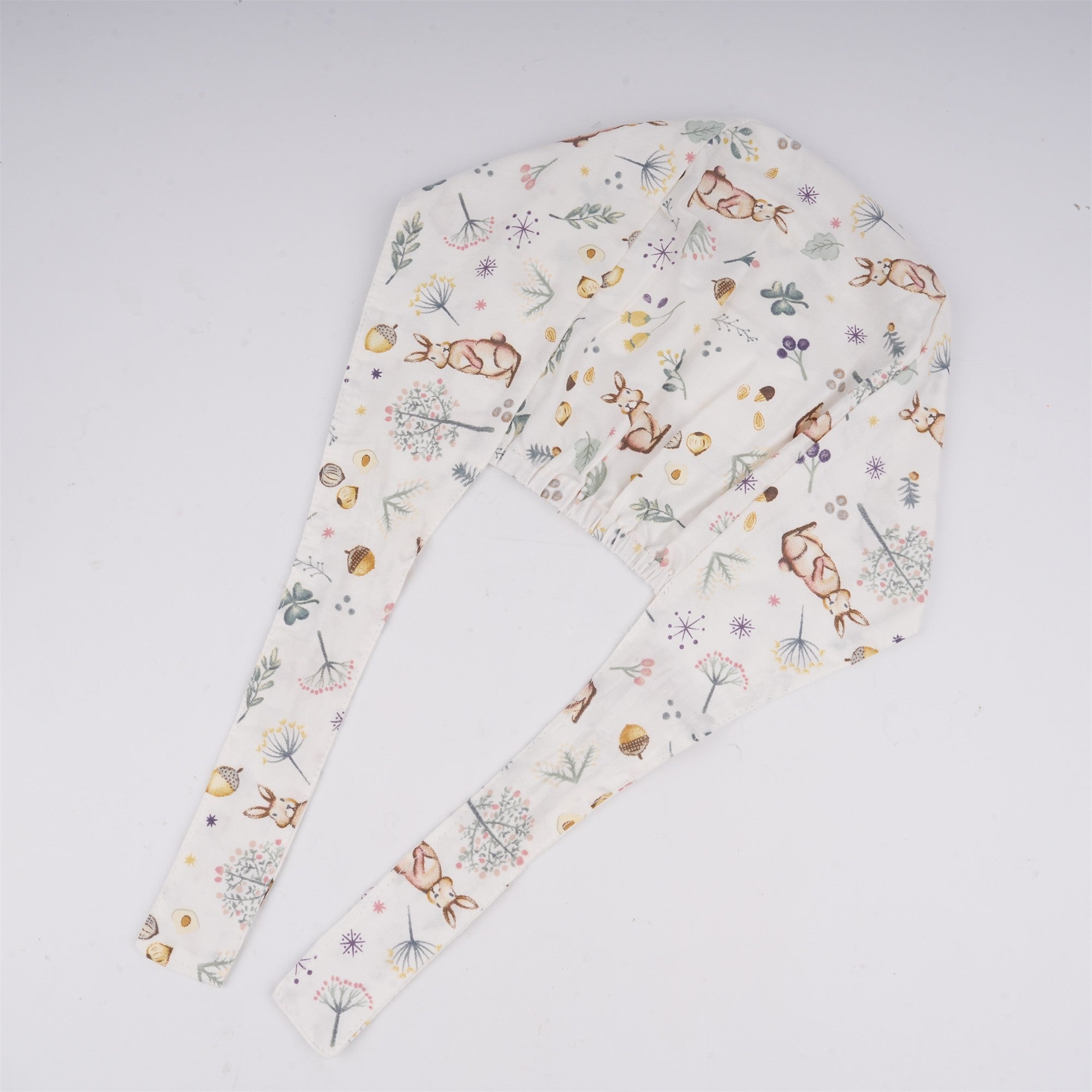 Bunny Flowers Print Tieback Surgical Scrub Cap, Handmade Cotton OR Hat