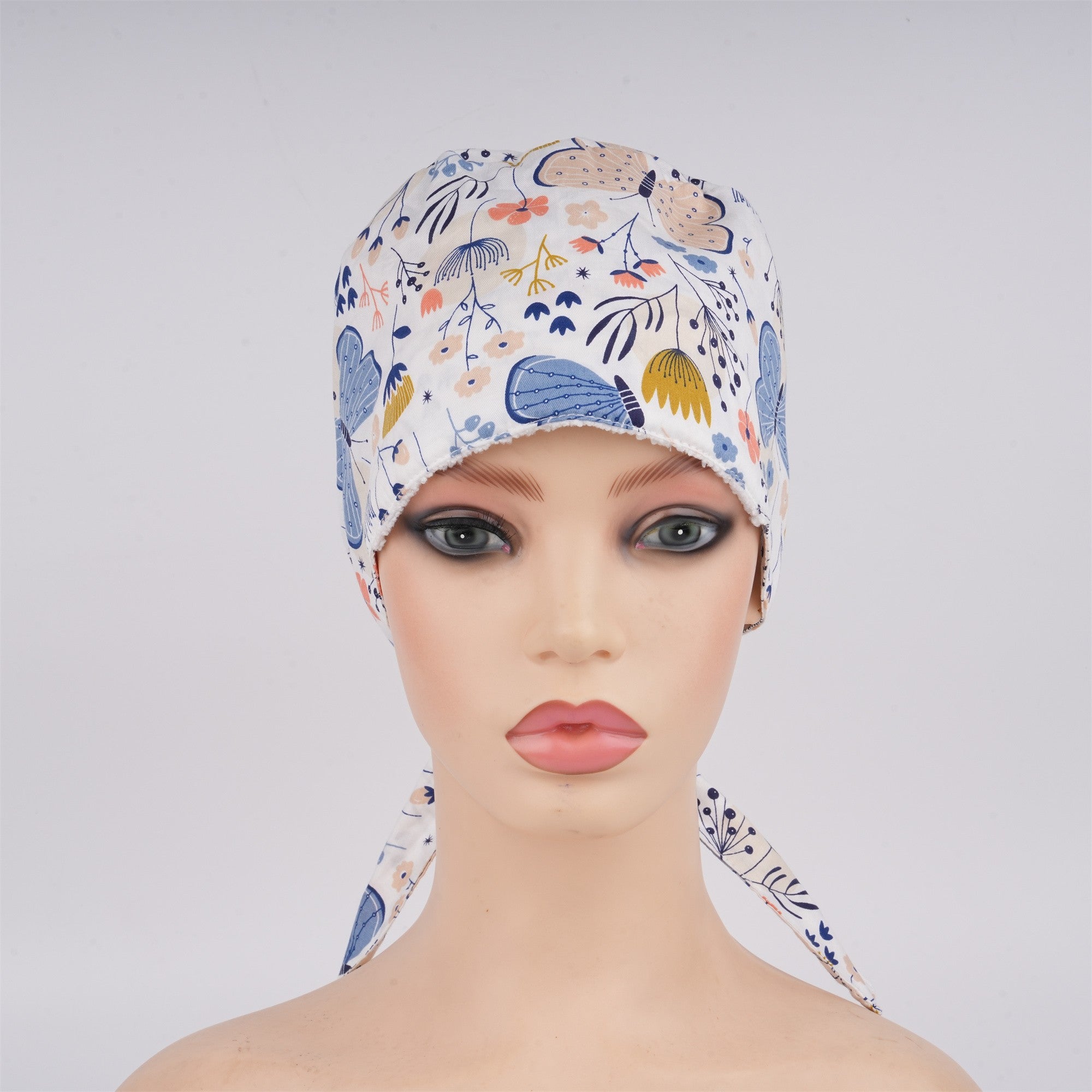 Blue Butterfly Flowers Surgical Scrub Cap - Tieback Style