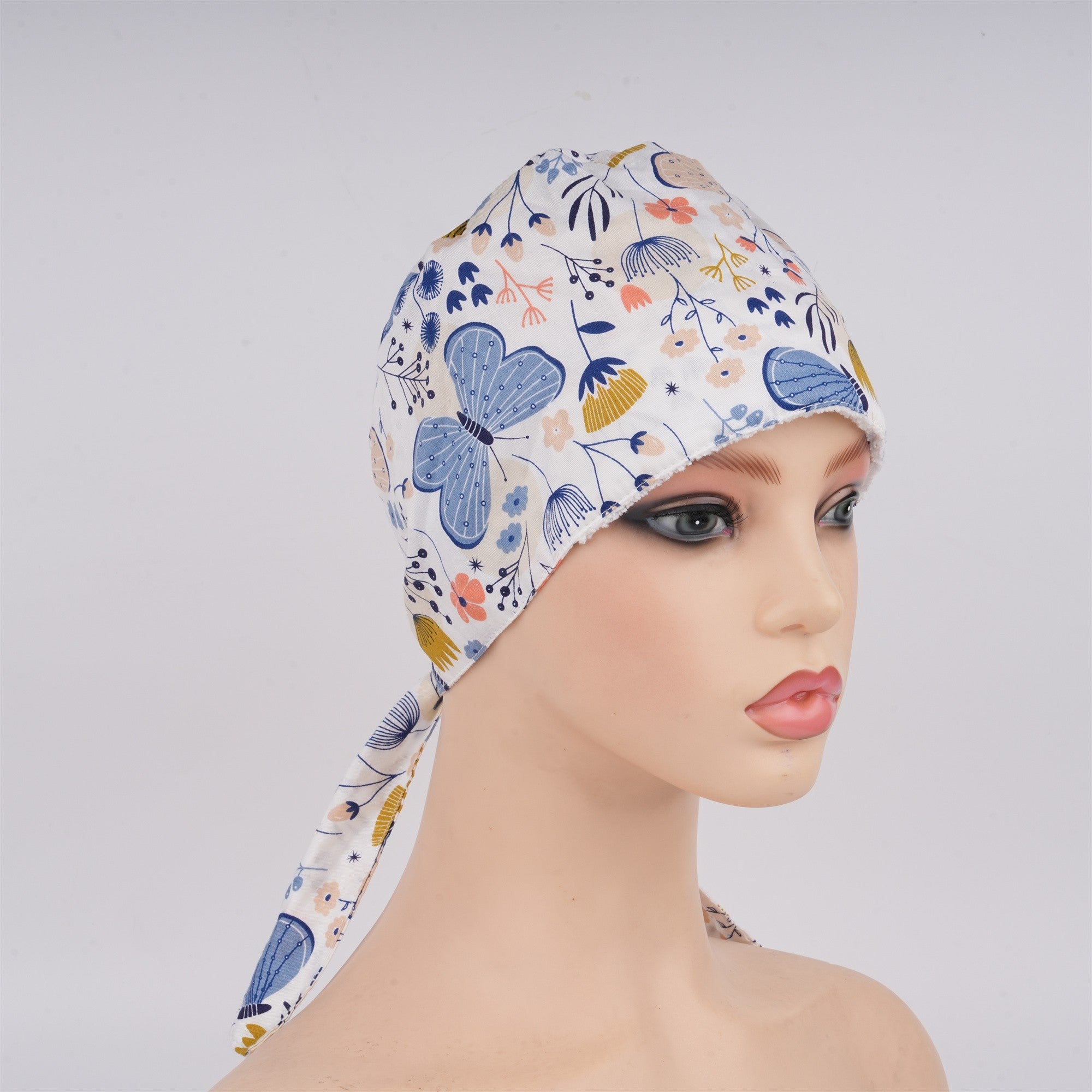 Blue Butterfly Flowers Surgical Scrub Cap - Tieback Style