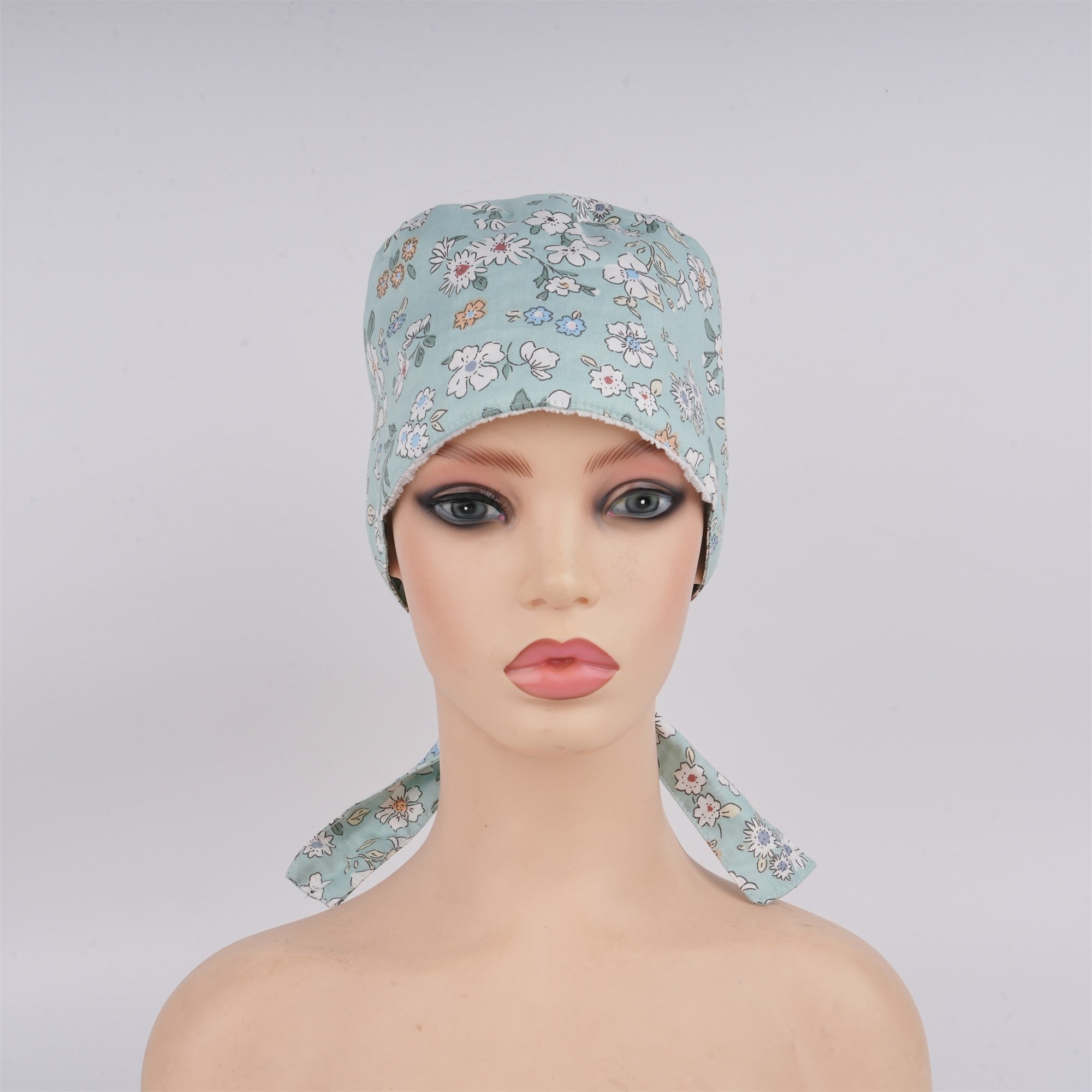 Mint Green Floral Surgical Scrub Cap, Tieback Style Cotton OR hat
