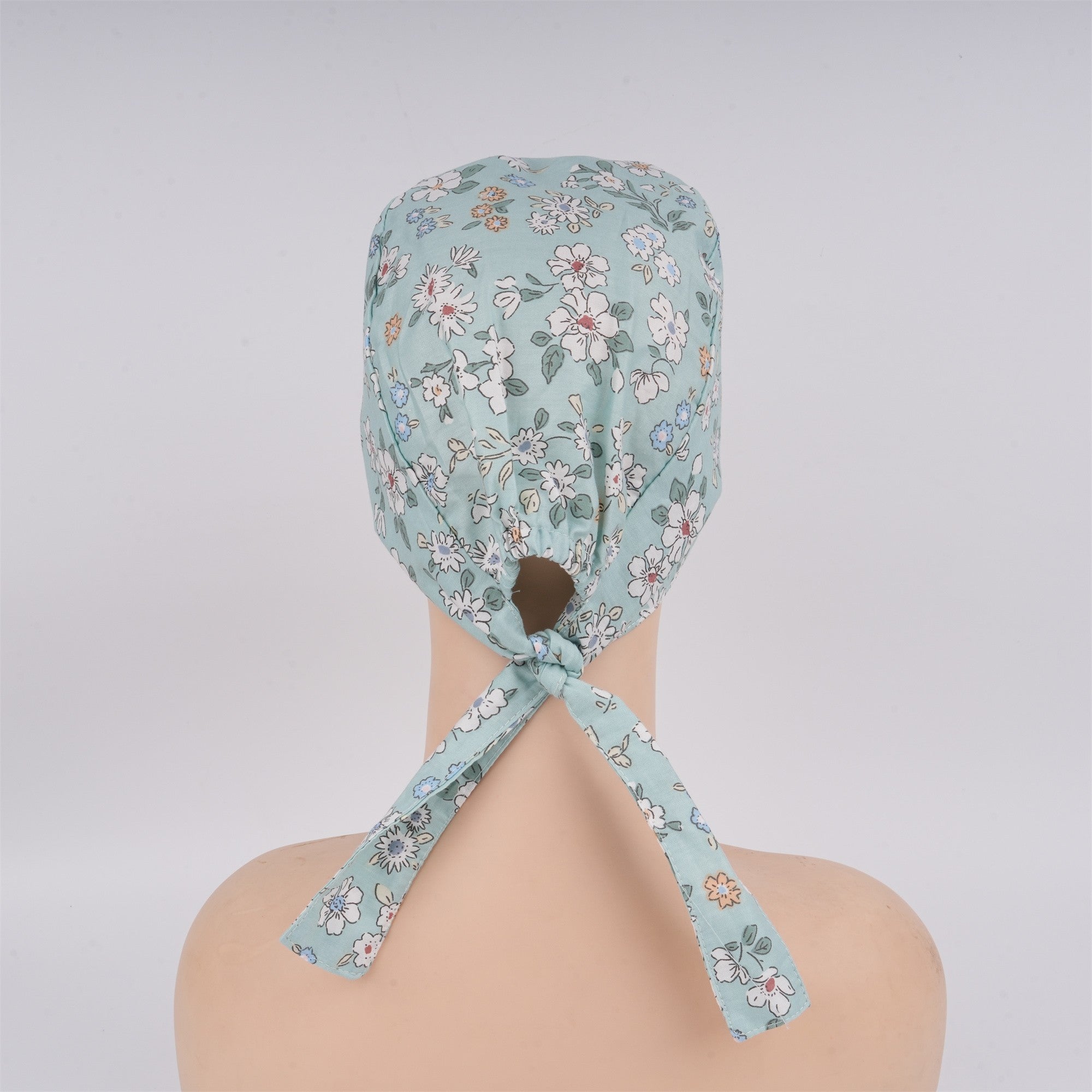 Mint Green Floral Surgical Scrub Cap, Tieback Style Cotton OR hat