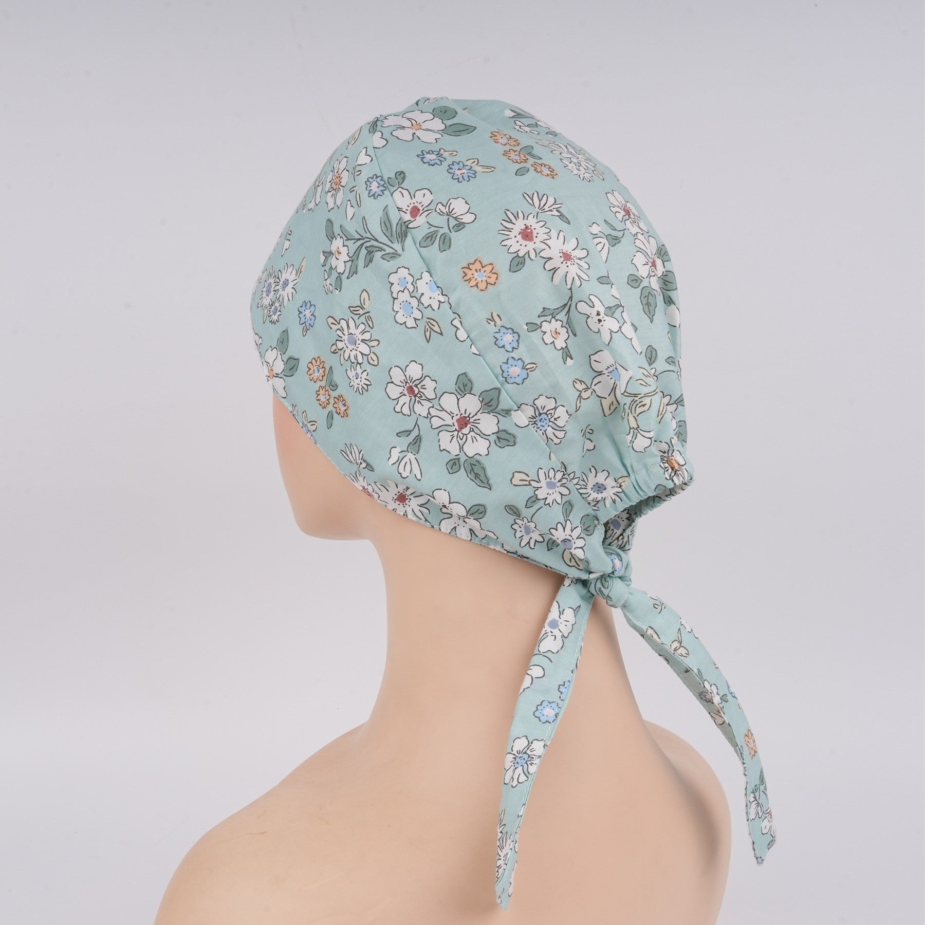 Mint Green Floral Surgical Scrub Cap, Tieback Style Cotton OR hat