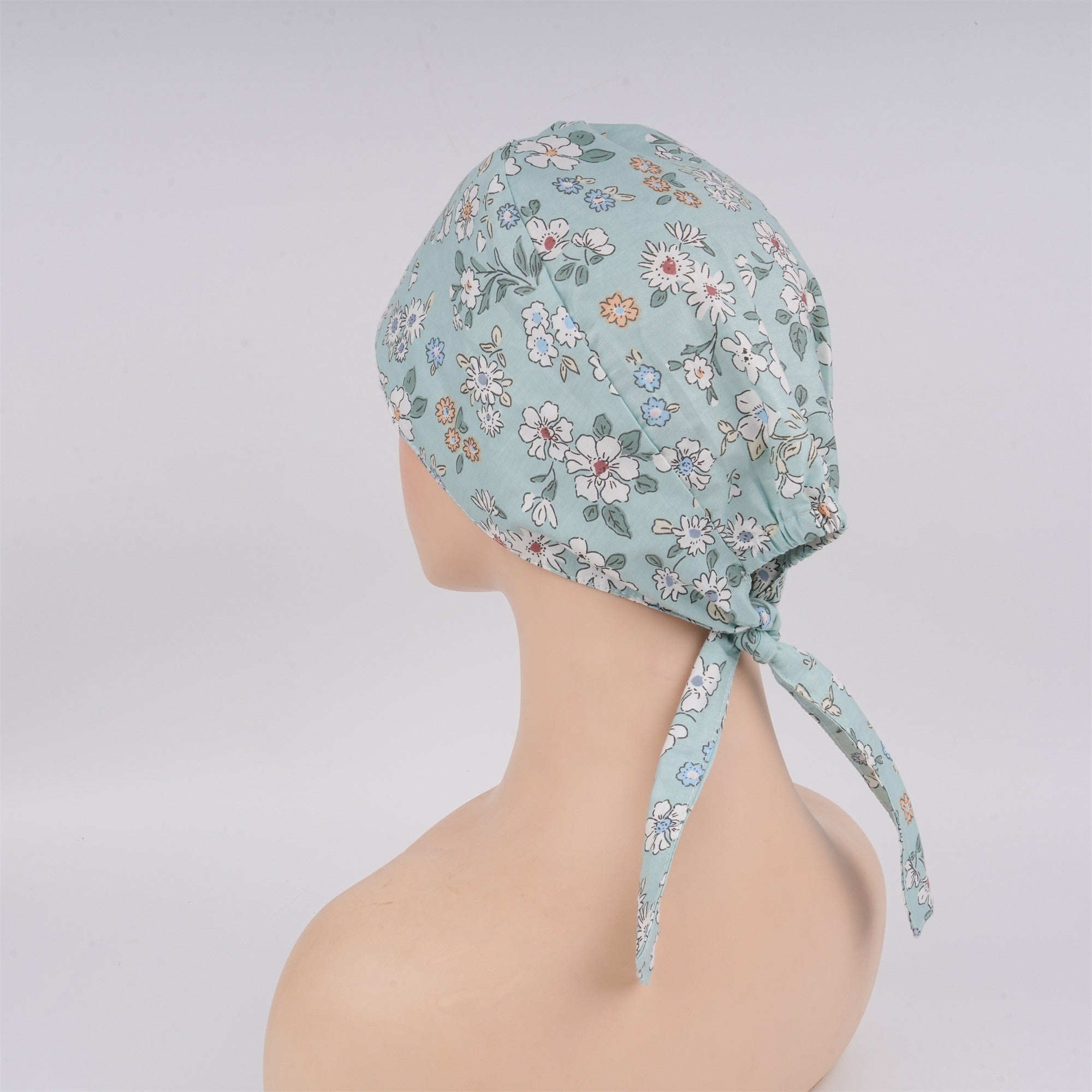 Mint Green Floral Surgical Scrub Cap, Tieback Style Cotton OR hat