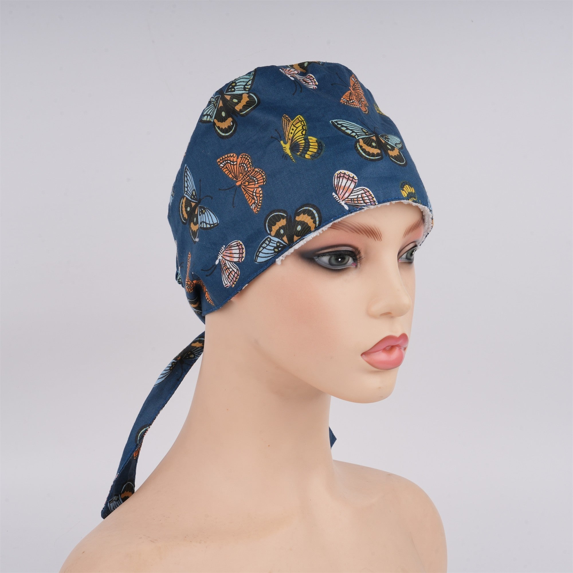 Navy Butterfly Cotton Scrub Cap,Handmade Tieback Style surgical Hat